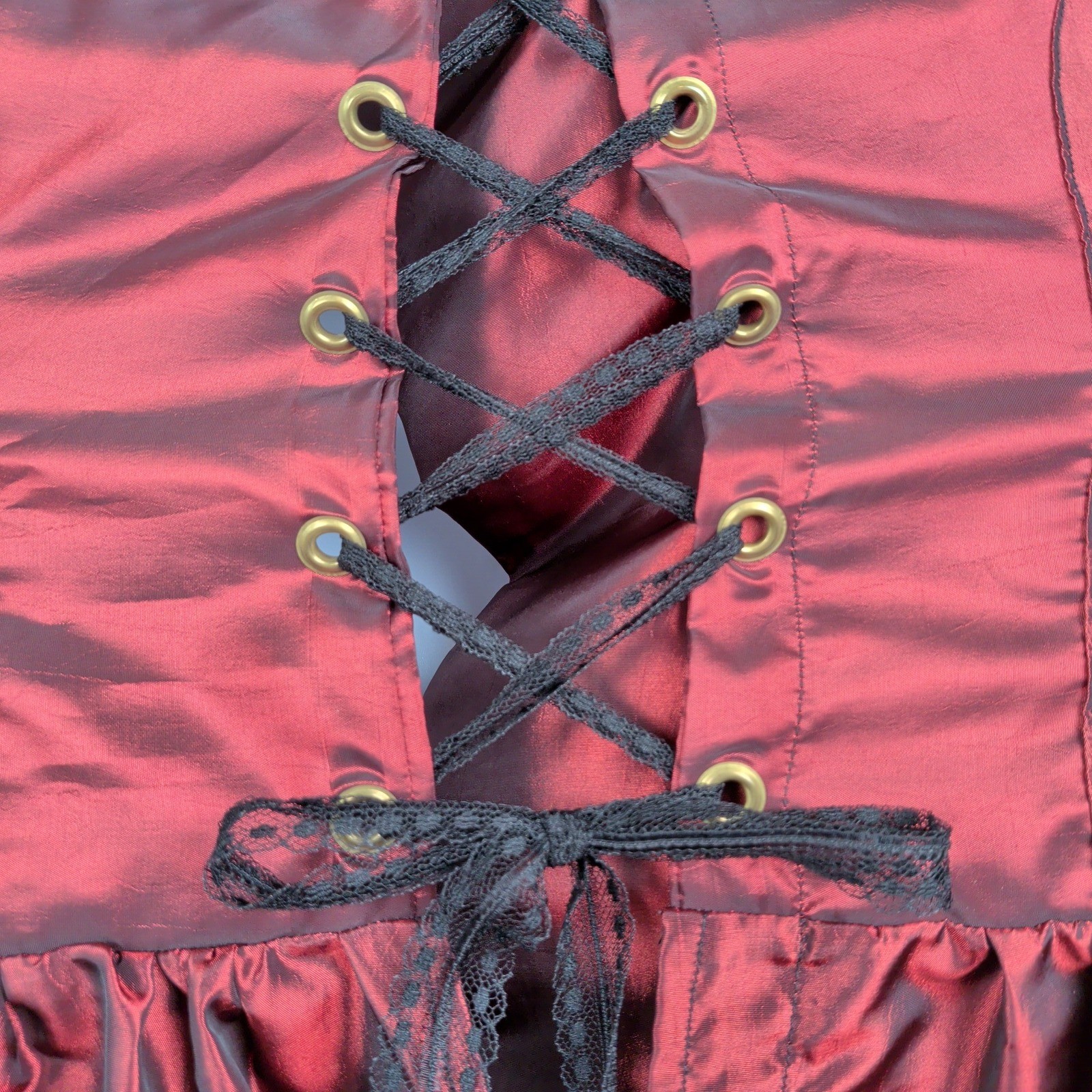 Red Victorian Goth Renaissance Lace Up Corset Dress Puff Sleeve Black Lace Trim