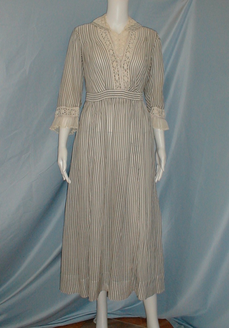Pretty Antique Dress Edwardian 1912 Gray and White Stripe Cotton Summer Dress