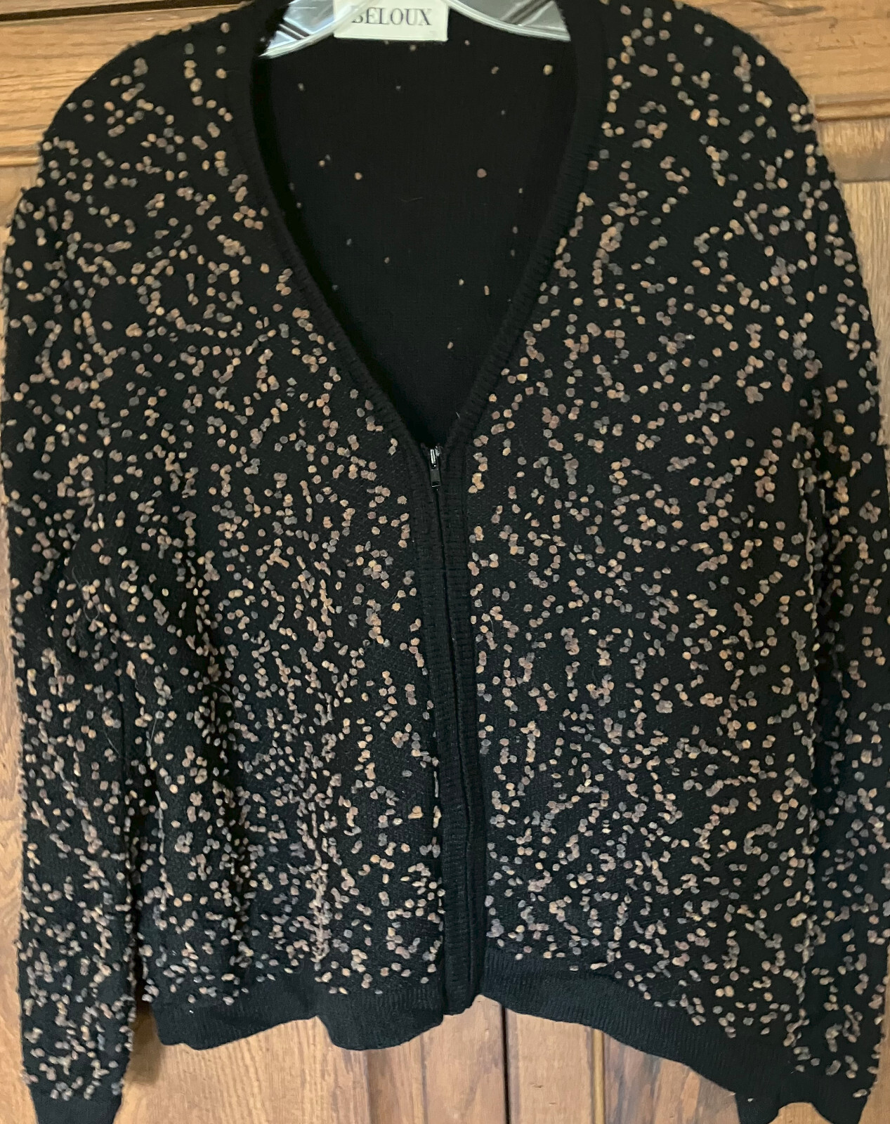 Beloux Black Long Sleeve Zip Up Sweater w Assorted Dots Large