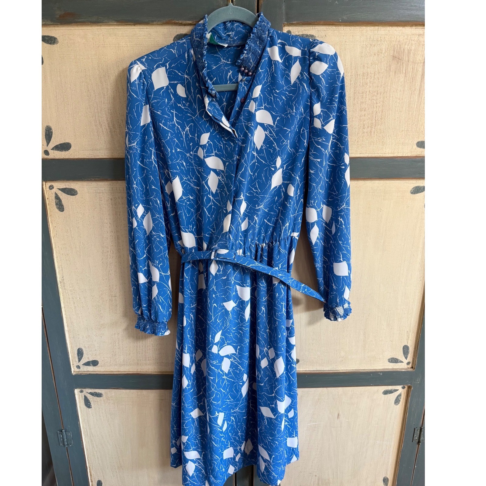 Vintage Lady Carol Petites Blue White Abstract Marble Print Dress Smocked 14