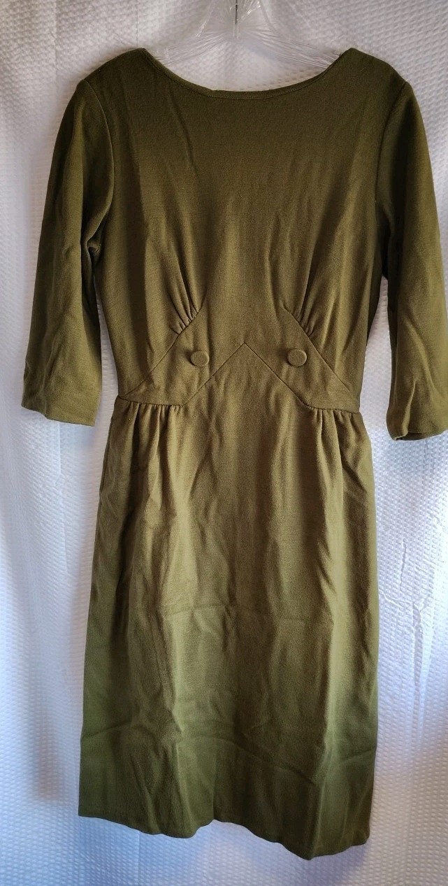 VTG 50’s L’aiglon Dress Army Green Knee Length 3/4 Sleeve Back Zipper