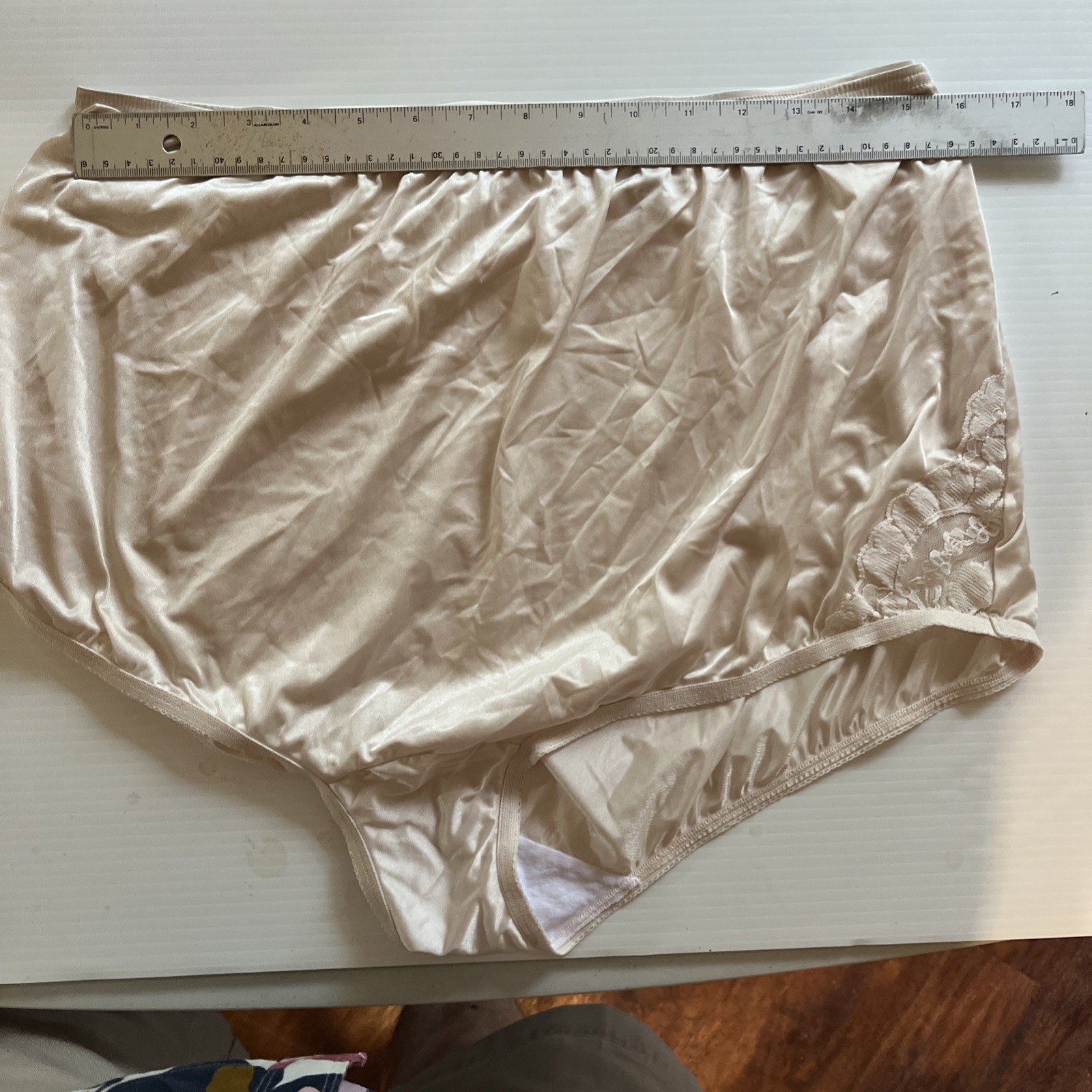 Vanity Fair Panty Brief Full Cut Shiny 12/5XL Dawn Beige Lace Cut Outs NWOT