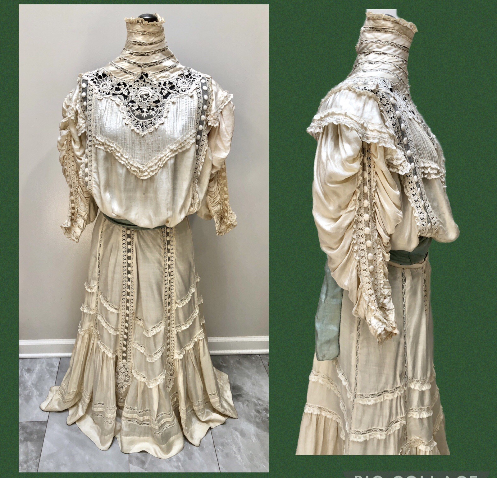 Antique 1900s GIBSON GIRL Silk WEDDING GOWN Coffin Pleat Sleeves & GUIPURE LACE