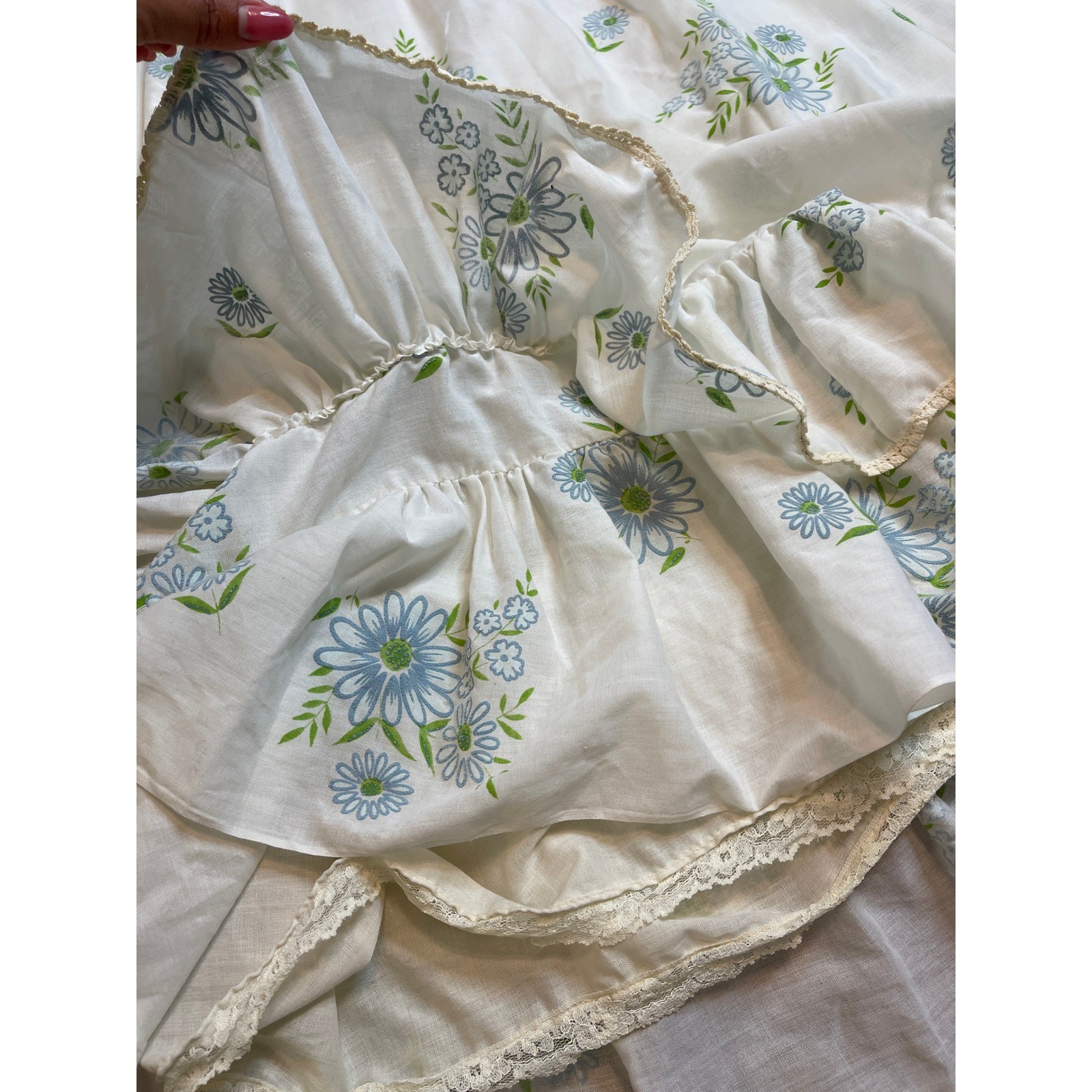 Vintage Prairie Dress White Blue Floral Puff Sleeve Lace Trim Maxi XS