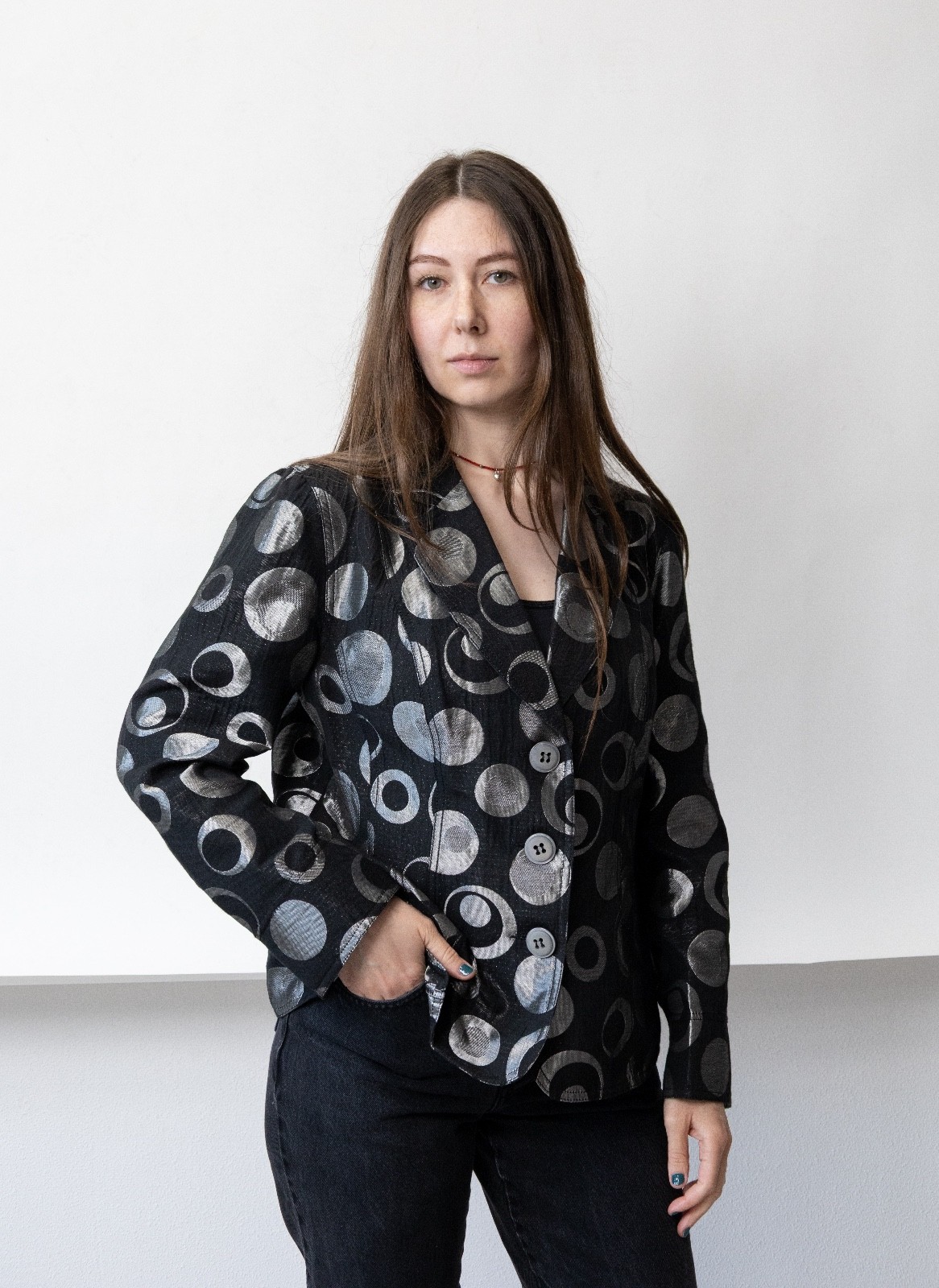 Vintage Black Silver Metallic Jacquard Blazer Women’s M Abstract Circle Evening