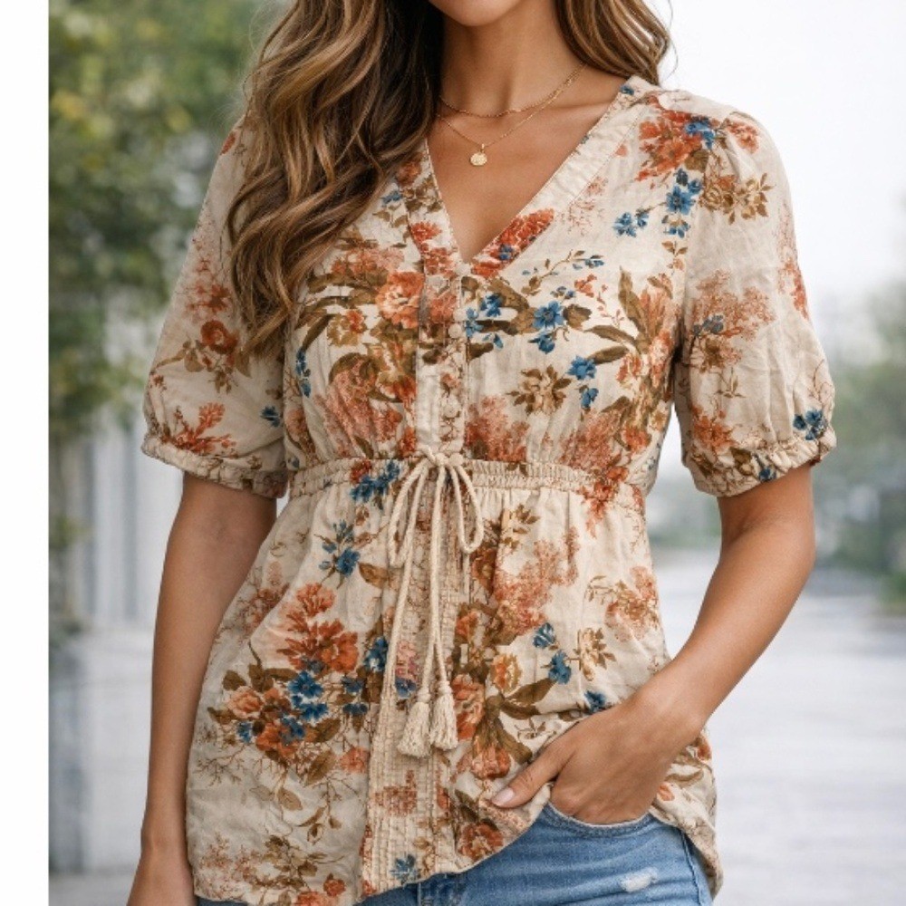 Boho/Artisan Vibe Healing Hands Floral Blouse- Size Medium