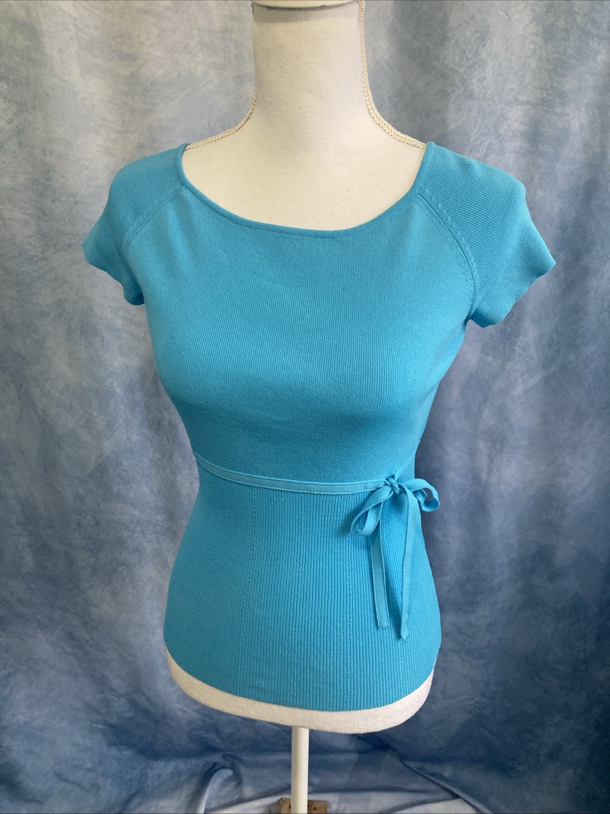 Vintage Casual Corner Turquoise Ribbed Knit Top Size Small Tie Waist Y2K EUC