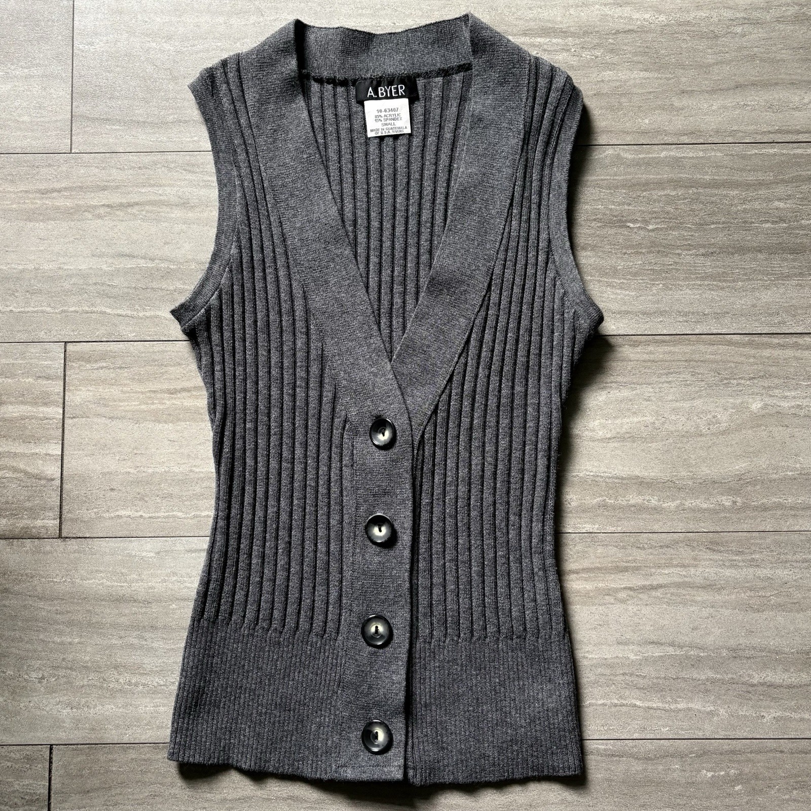 Vintage Y2K Gray Ribbed Knit Sweater Vest Button Down Tank Top Small 90s