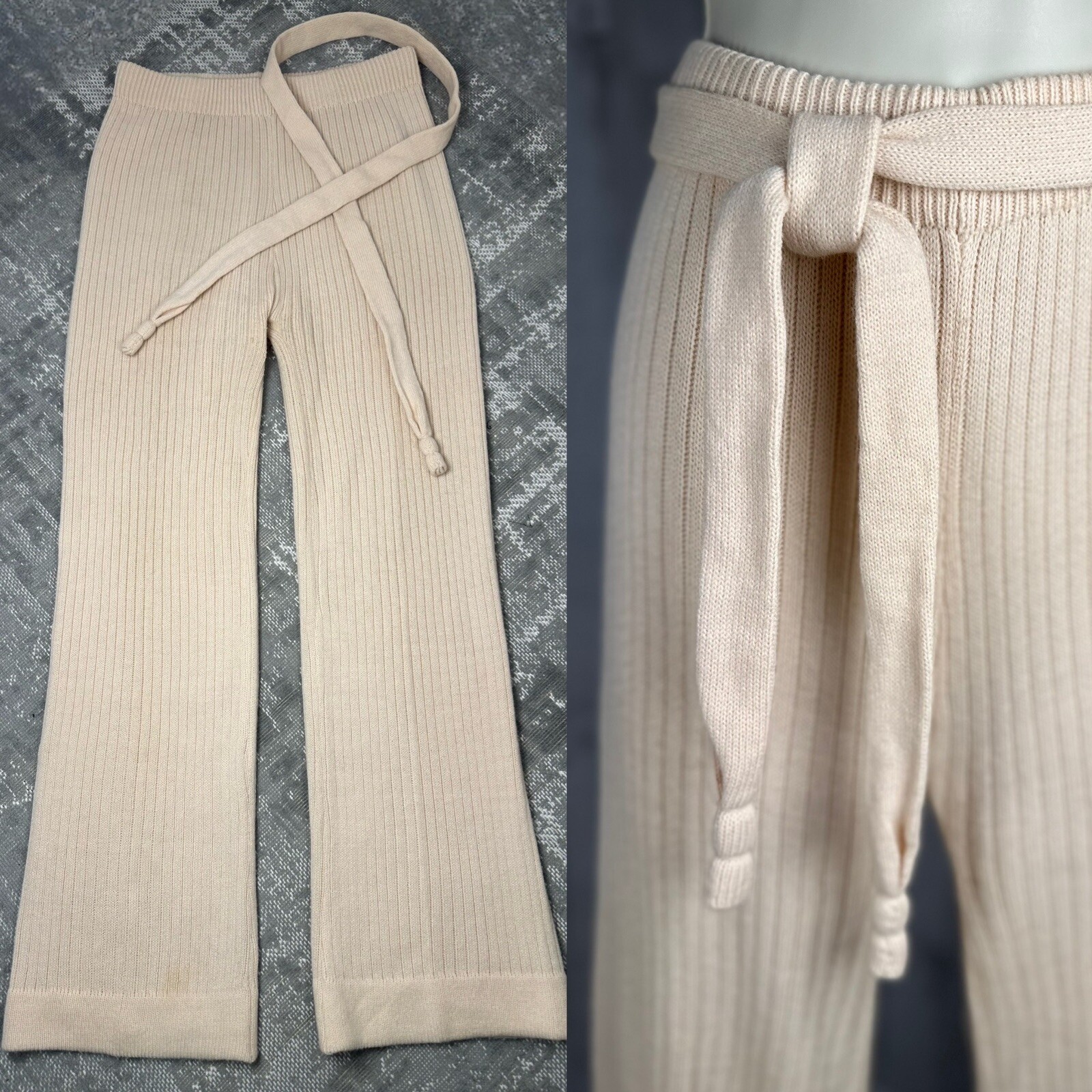 1970s Vintage Pants Cable Knit Stretch High Waist Peachy Taupe 28-34″ Waist