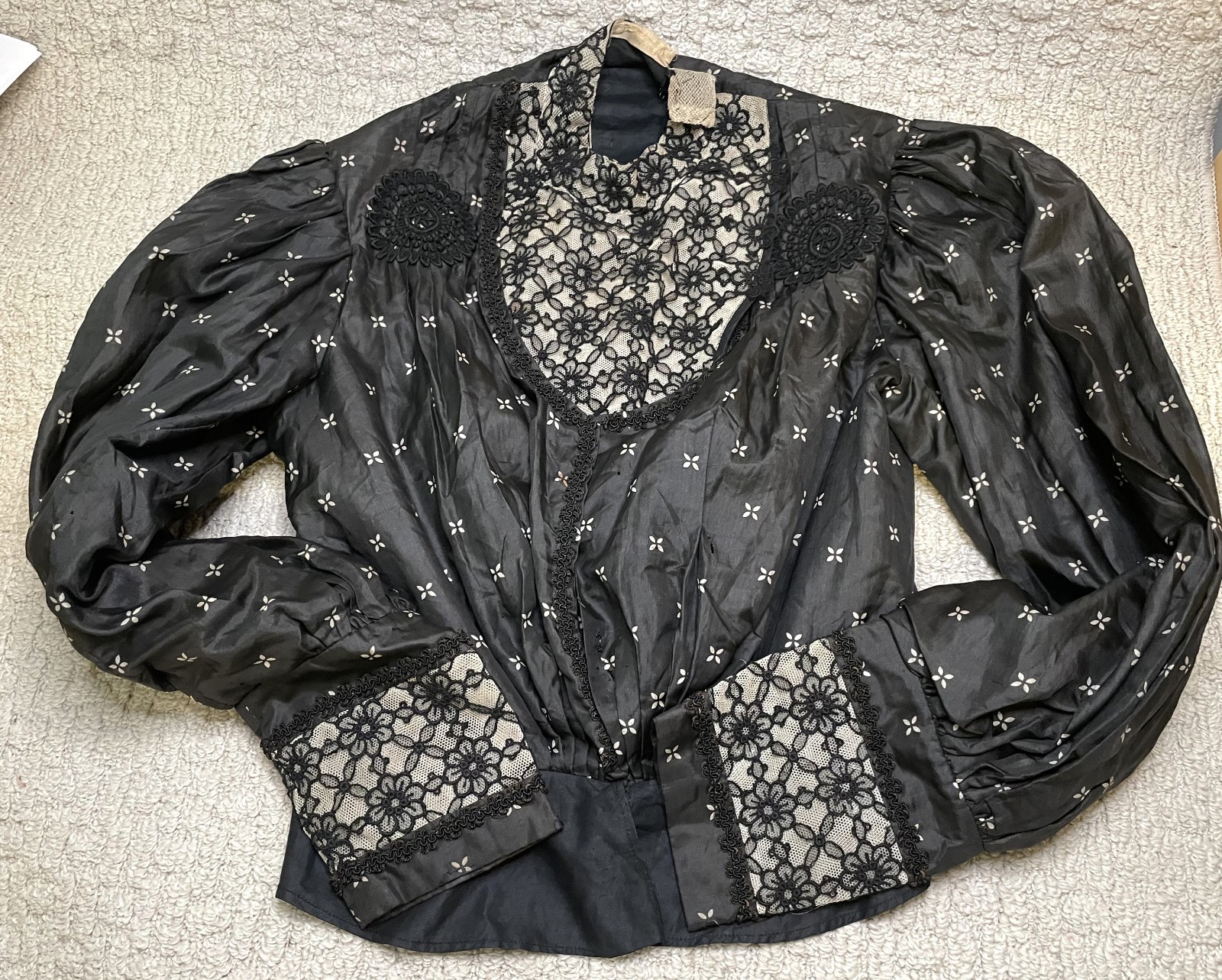 Antique Victorian Black Silk Top Blouse S Bodice Bishop Sleeves Lace Trim Peplum