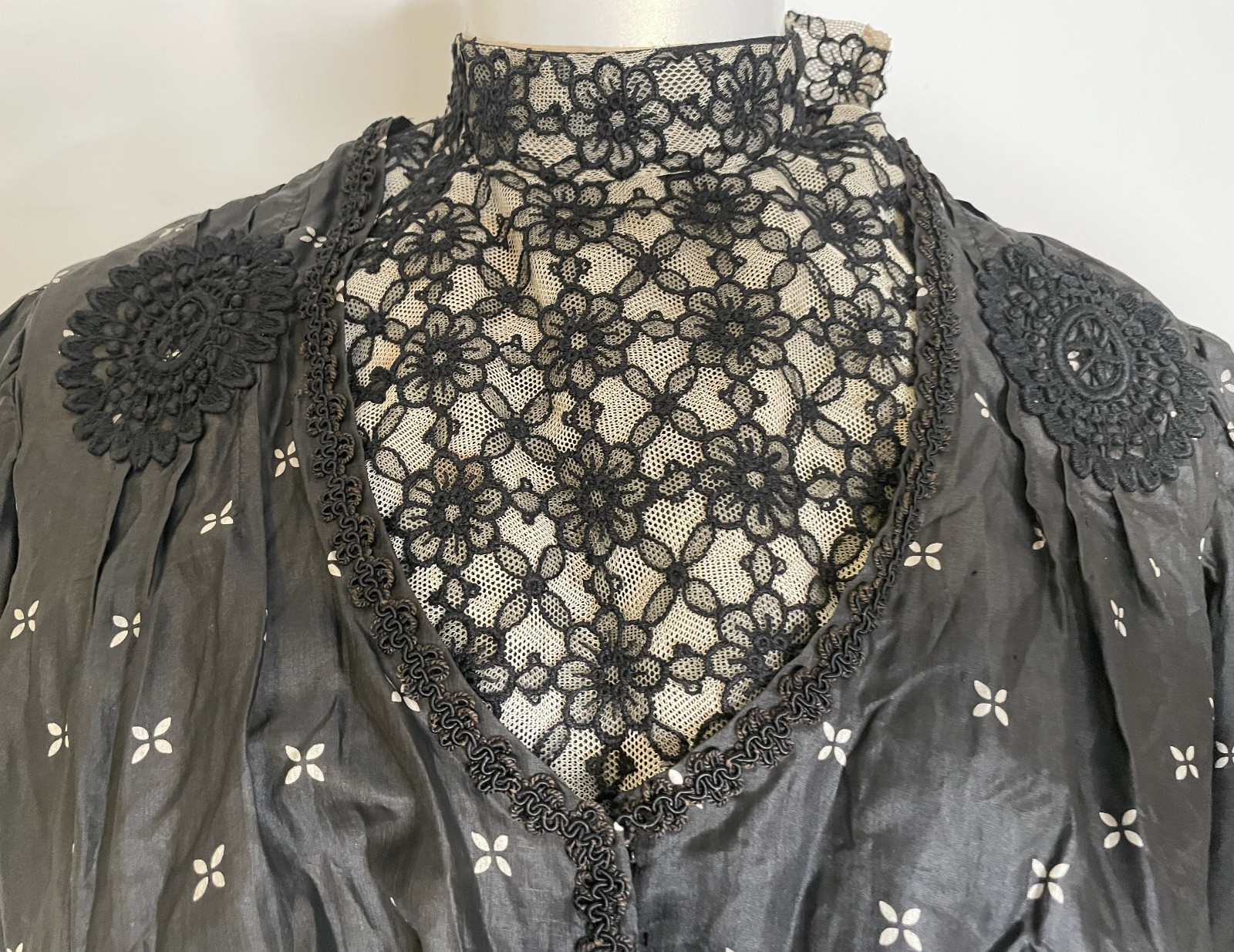 Antique Victorian Black Silk Top Blouse S Bodice Bishop Sleeves Lace Trim Peplum