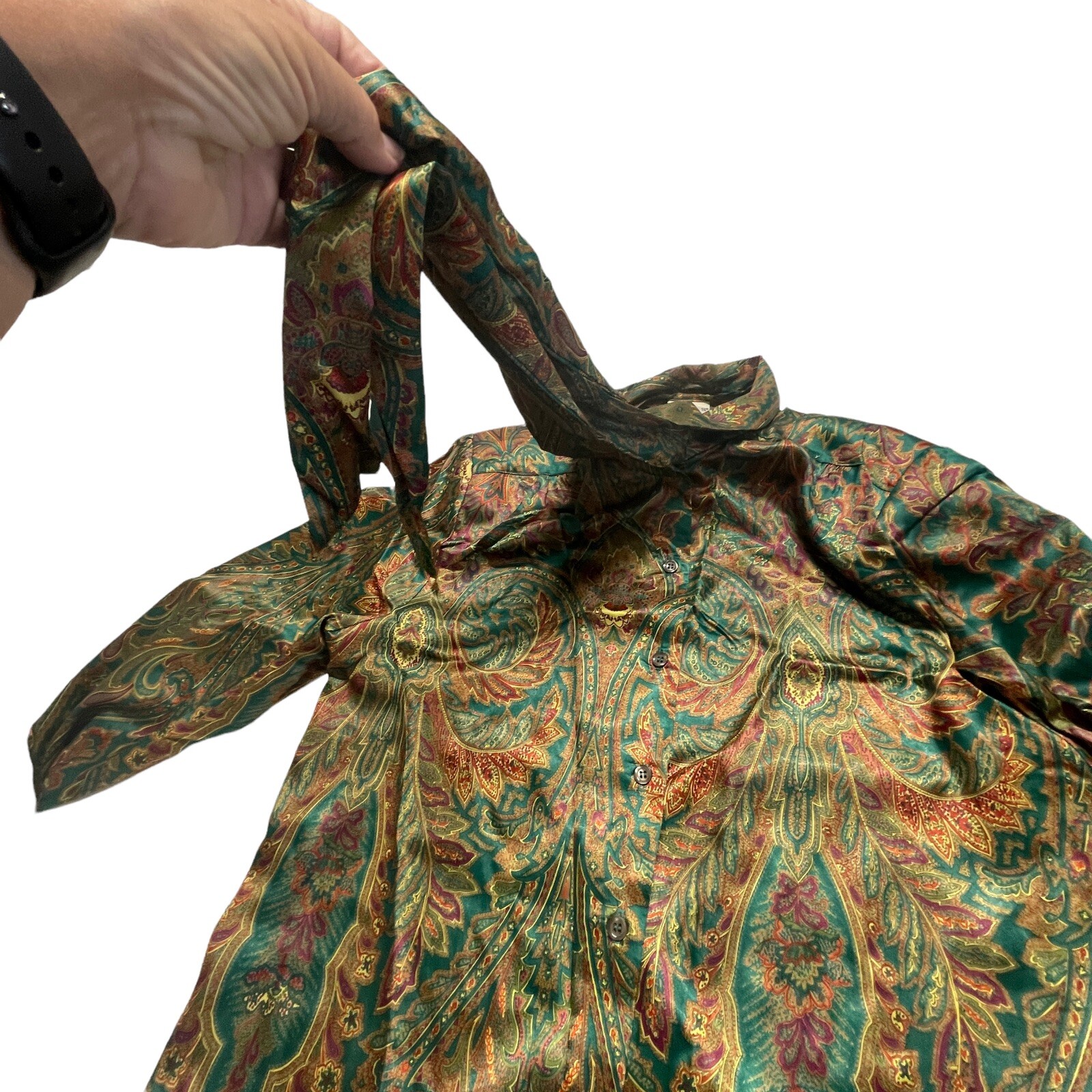 Russ Vintage Blouse Womens Sz 14 Neck Tie Business/Classy, Shoulder Pads Buttons