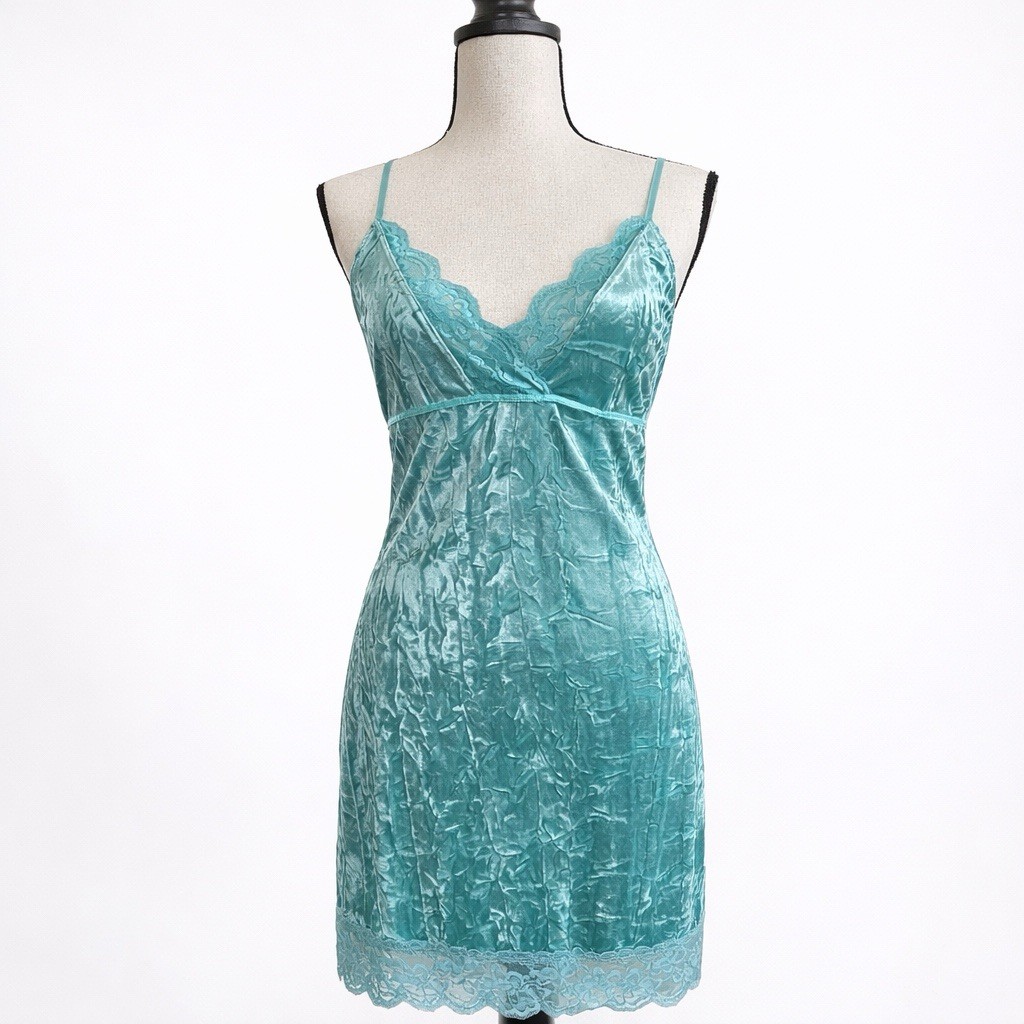 Vintage Y2K 90s Charlotte Russe Teal Crushed Velvet Lace Trim Slip Dress Small