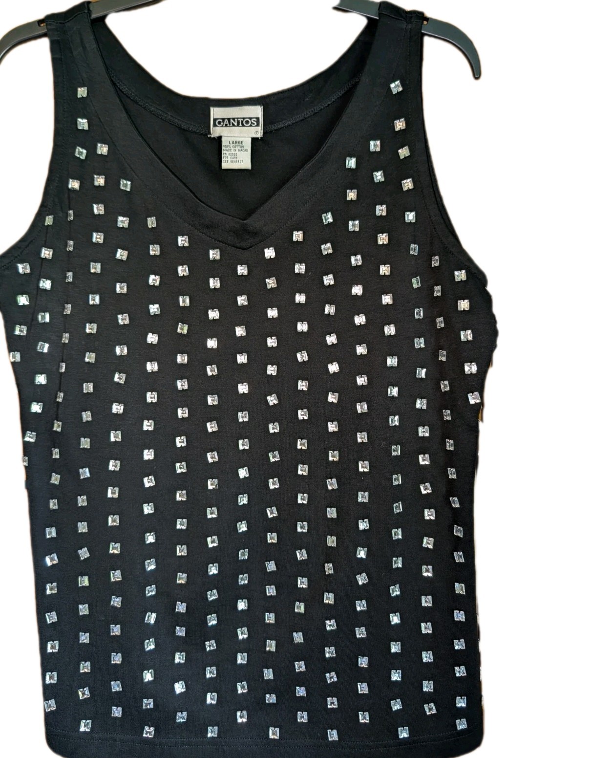 Vintage GANTOS Black Studded Top V-neck Sleeveless Embellished 90’s Y2K Large