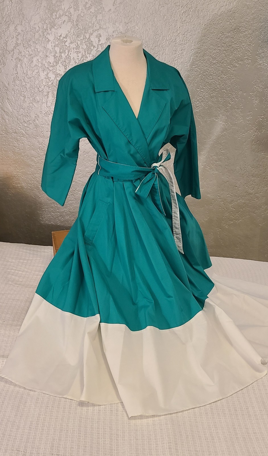 Vtg N.R.1 80s Long Sleeve Shirt Dress Retro 50s (10) Teal White Rockabilly Swing