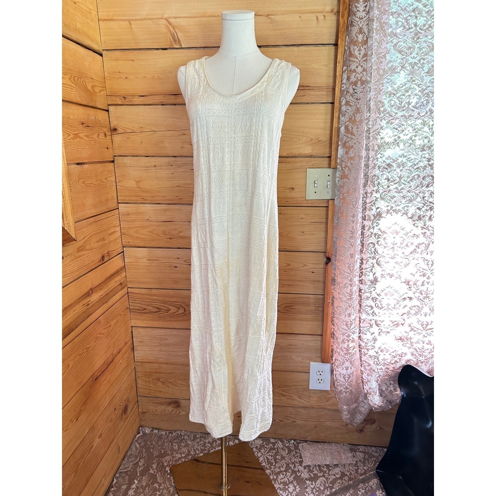 Vintage 100% Cotton Knit Maxi Dress Women Large Cream Crochet La Llama Canada