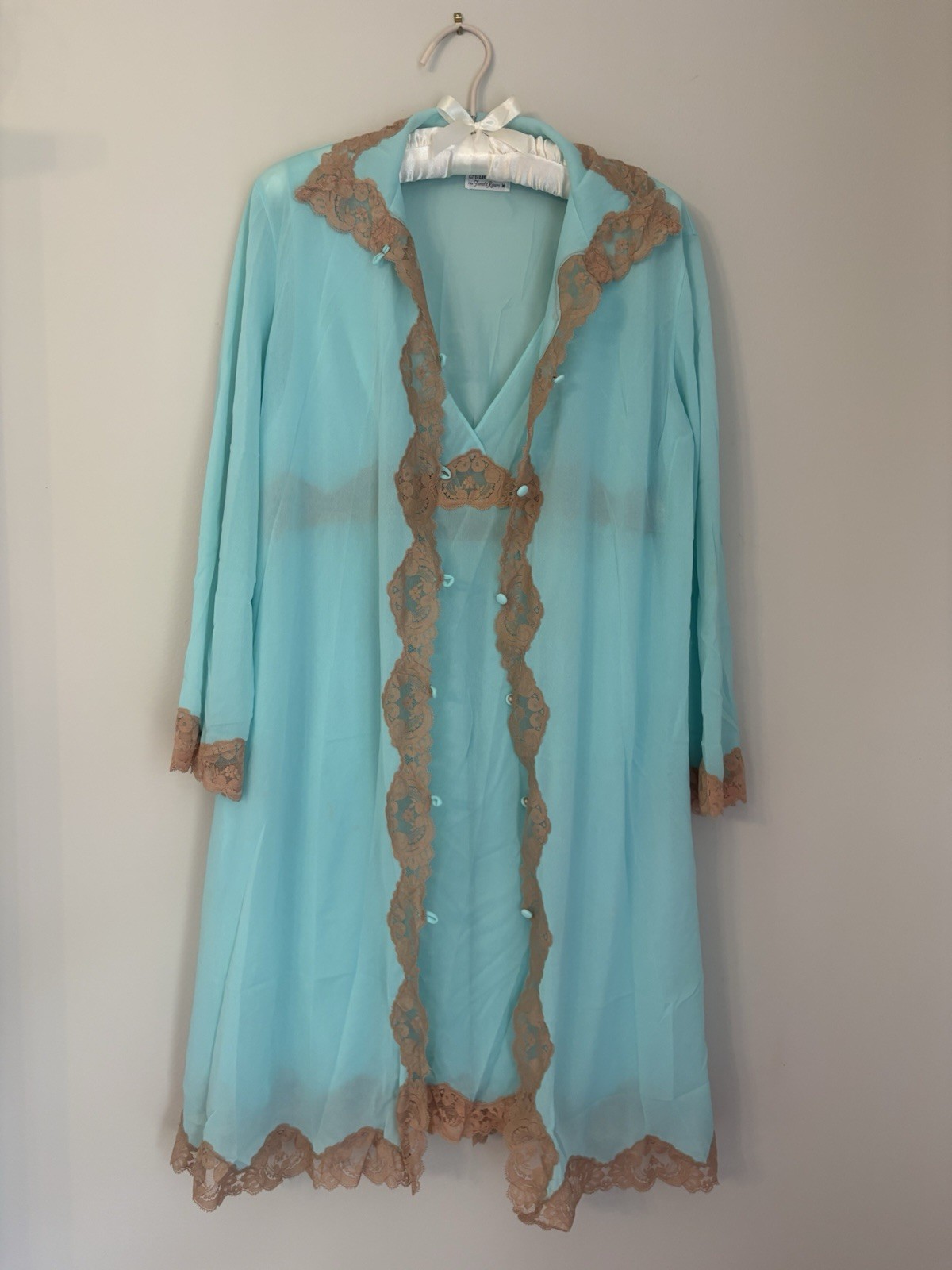 Vtg Emilio Pucci Formfit Rogers Blue Lace Nightgown Robe M medium Peignoir EUC