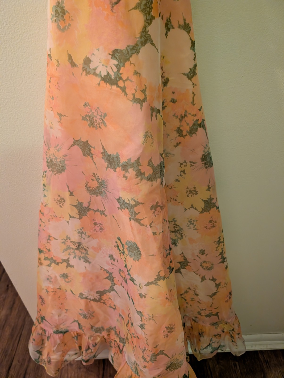 Vintage 1960’s Floral Chiffon Halter Maxi Dress W Cape Sz 7 Union Made.Cottage