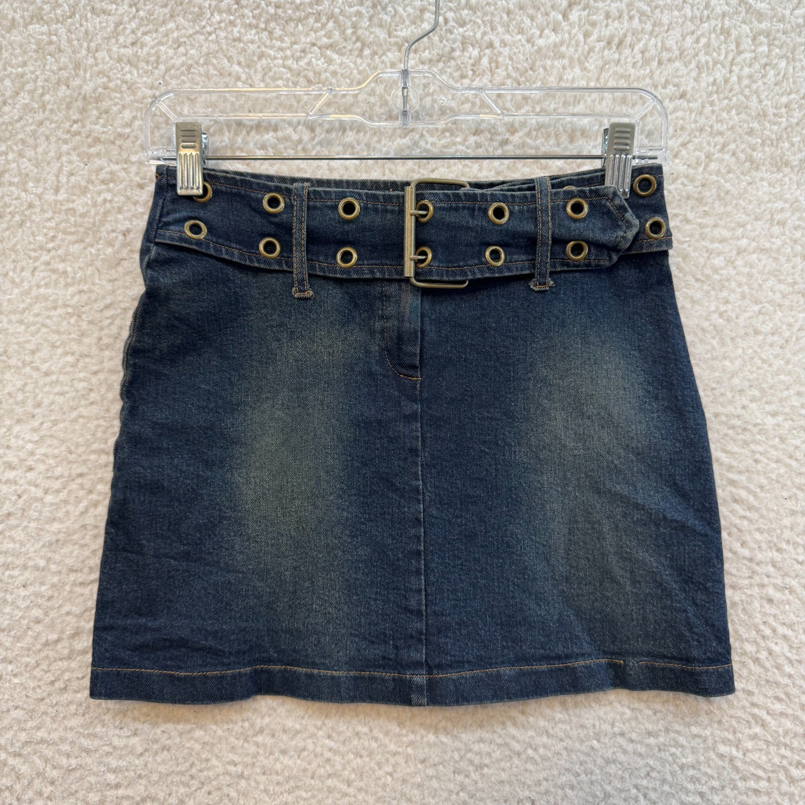 90s Y2K Vintage Denim Mini Skirt 0 2 24 25 XS Grommet Belted Mid Rise Boho Fairy