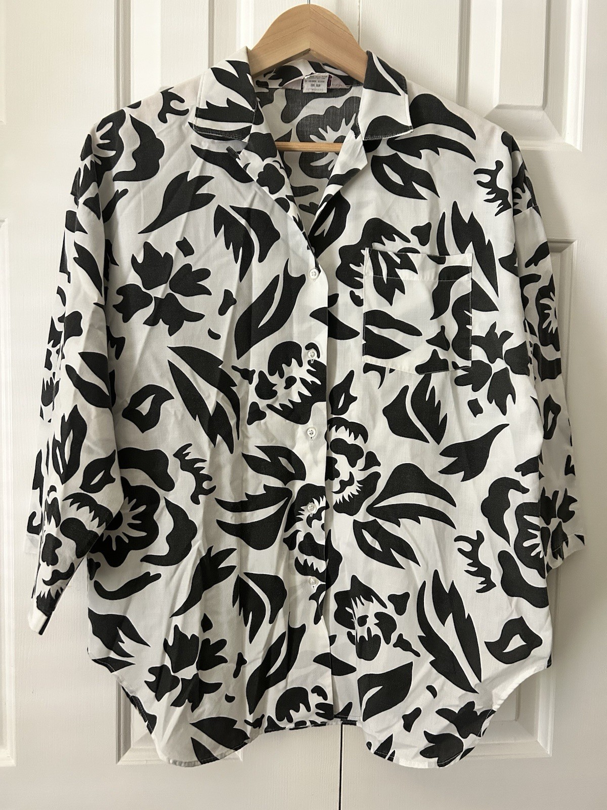 VTG Harbor Isle Hawaiian Surfer Beach Button Up Top BLK WHT Floral Women LG Sz M