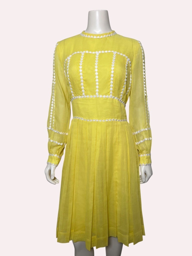 Vintage 1960s 1970s Howard Wolf Boutique Lemon Yellow Appliqué Trim Dress