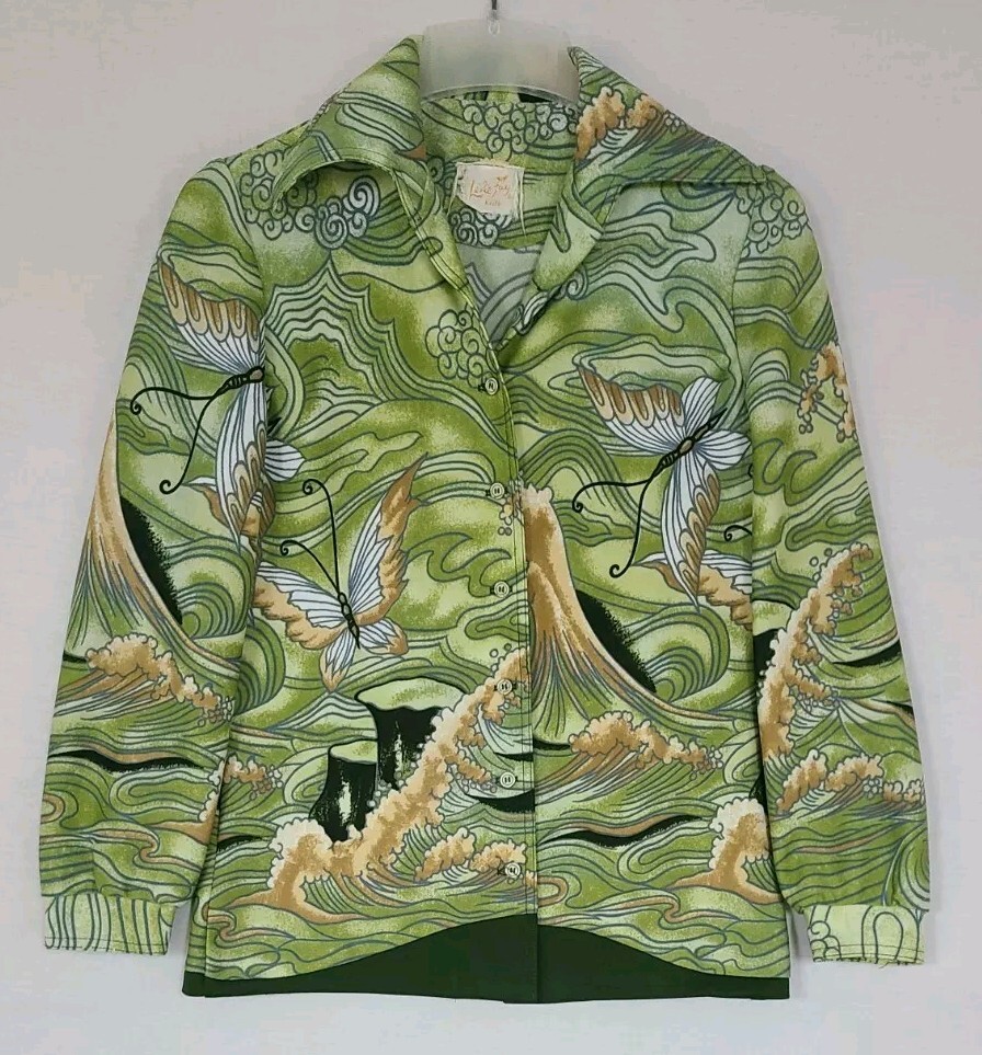Vtg 60s Leslie Fay Knits Button Front Shirt Jacket Butterfly Asian Inspired Sz M