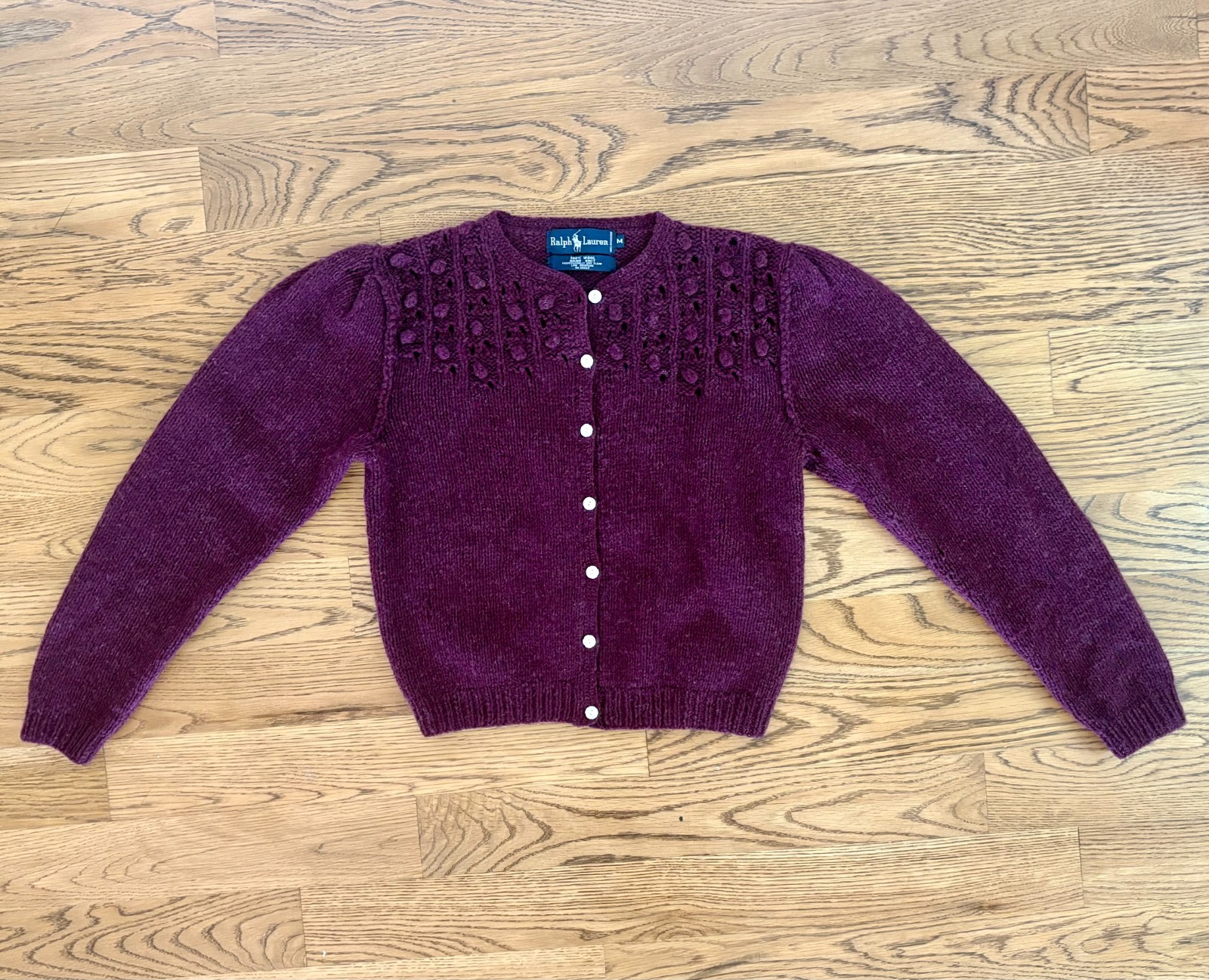 Vintage Ralph Lauren Hand-Knit Wool Cardigan 1980s M Burgundy Great Condition