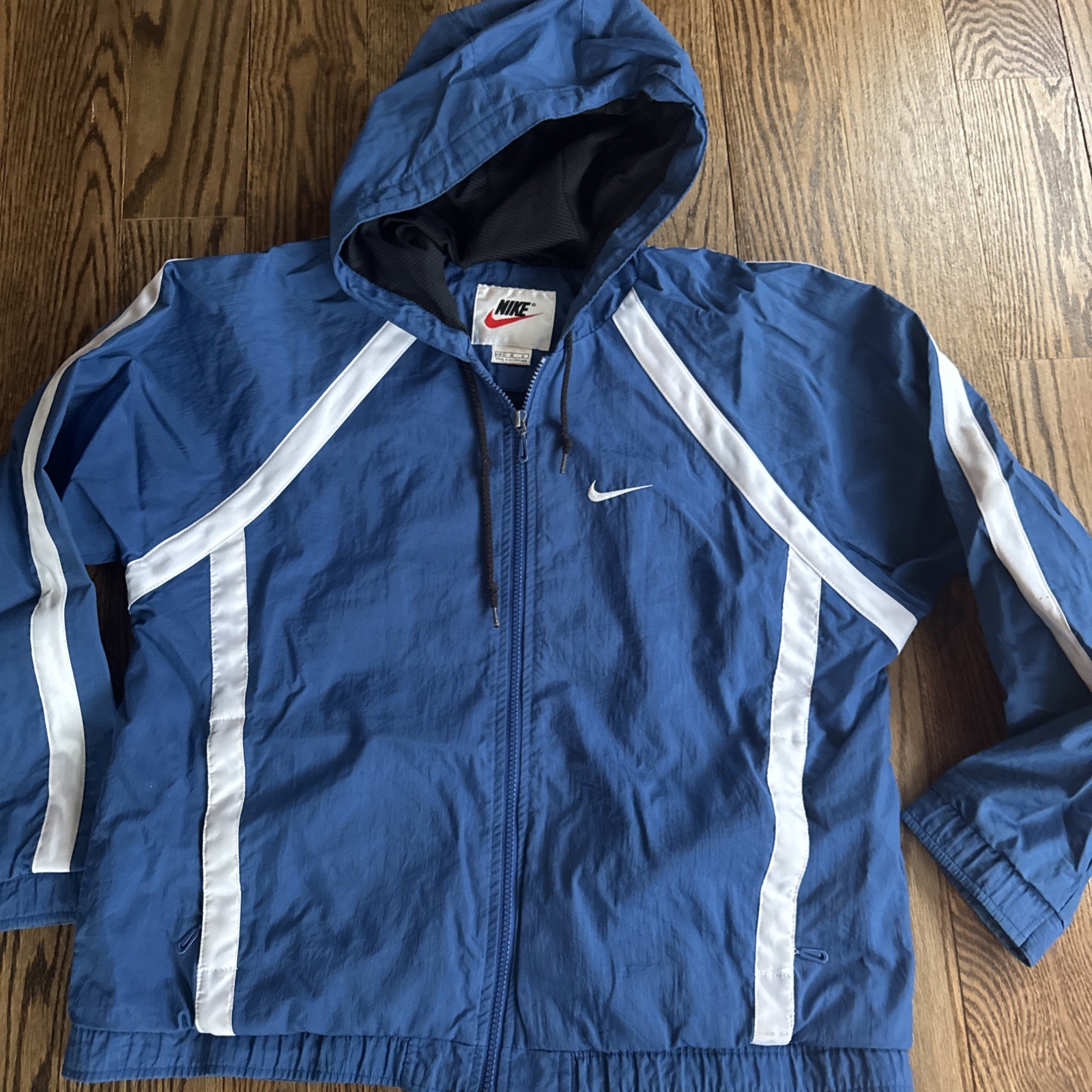 Vintage Nike Blue Hooded Windbreaker Jacket White Swoosh Women’s Medium