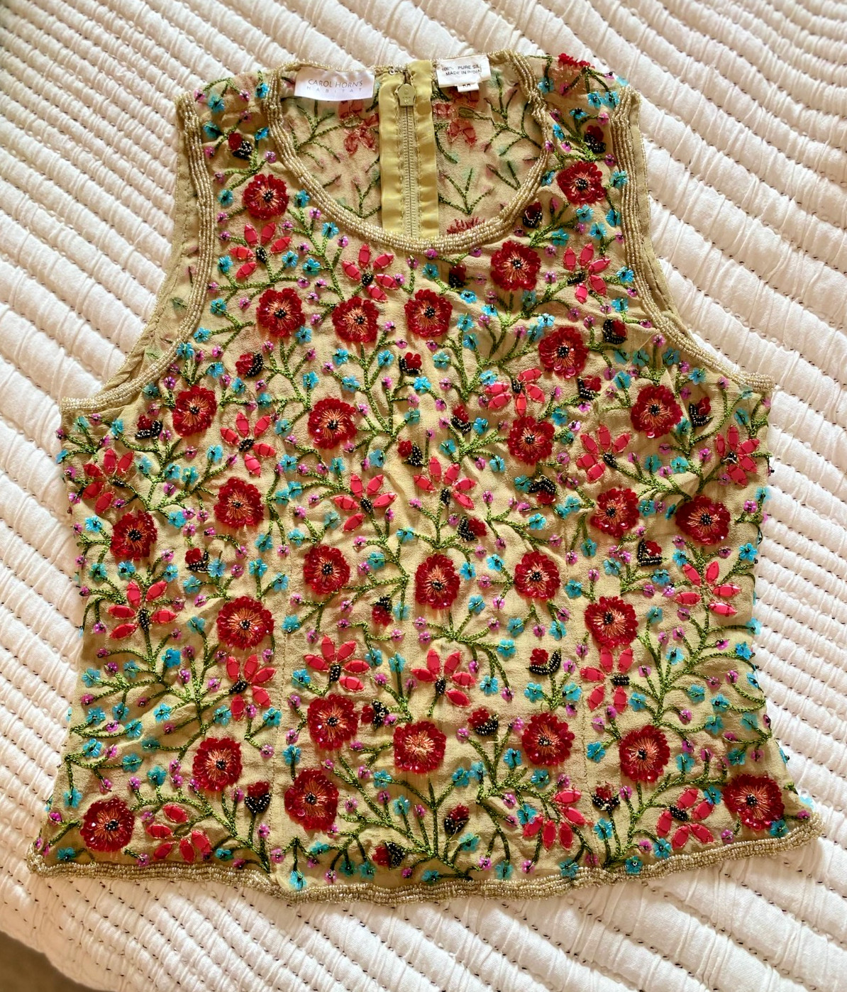 Carol Horn’s Habitat VTG Boho Sleeveless Top Sheer Beaded 100% Silk Tank | Med