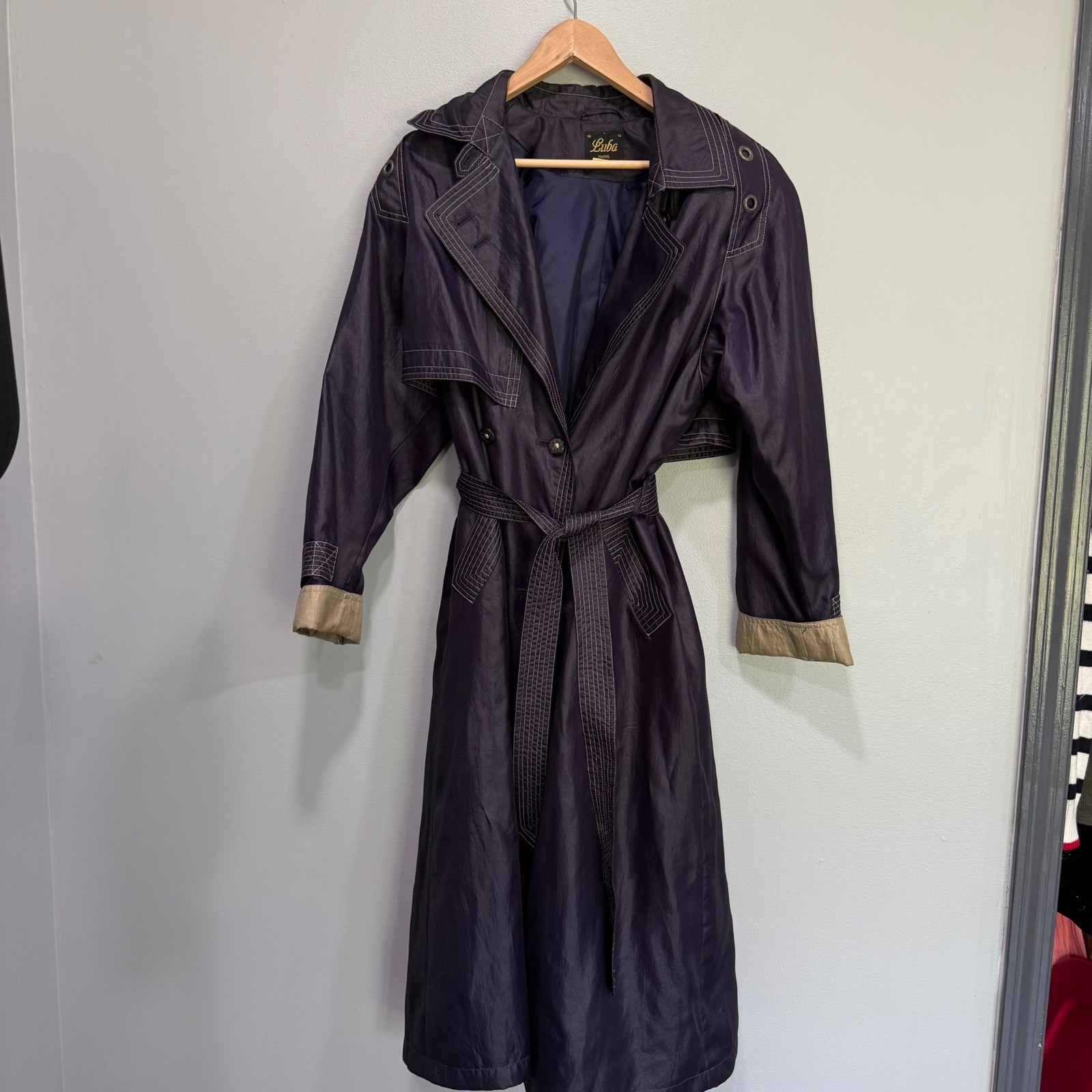 Luba Paris Vintage Purple Trench Coat Contrast Stitch Grommet Belted Size 11/12
