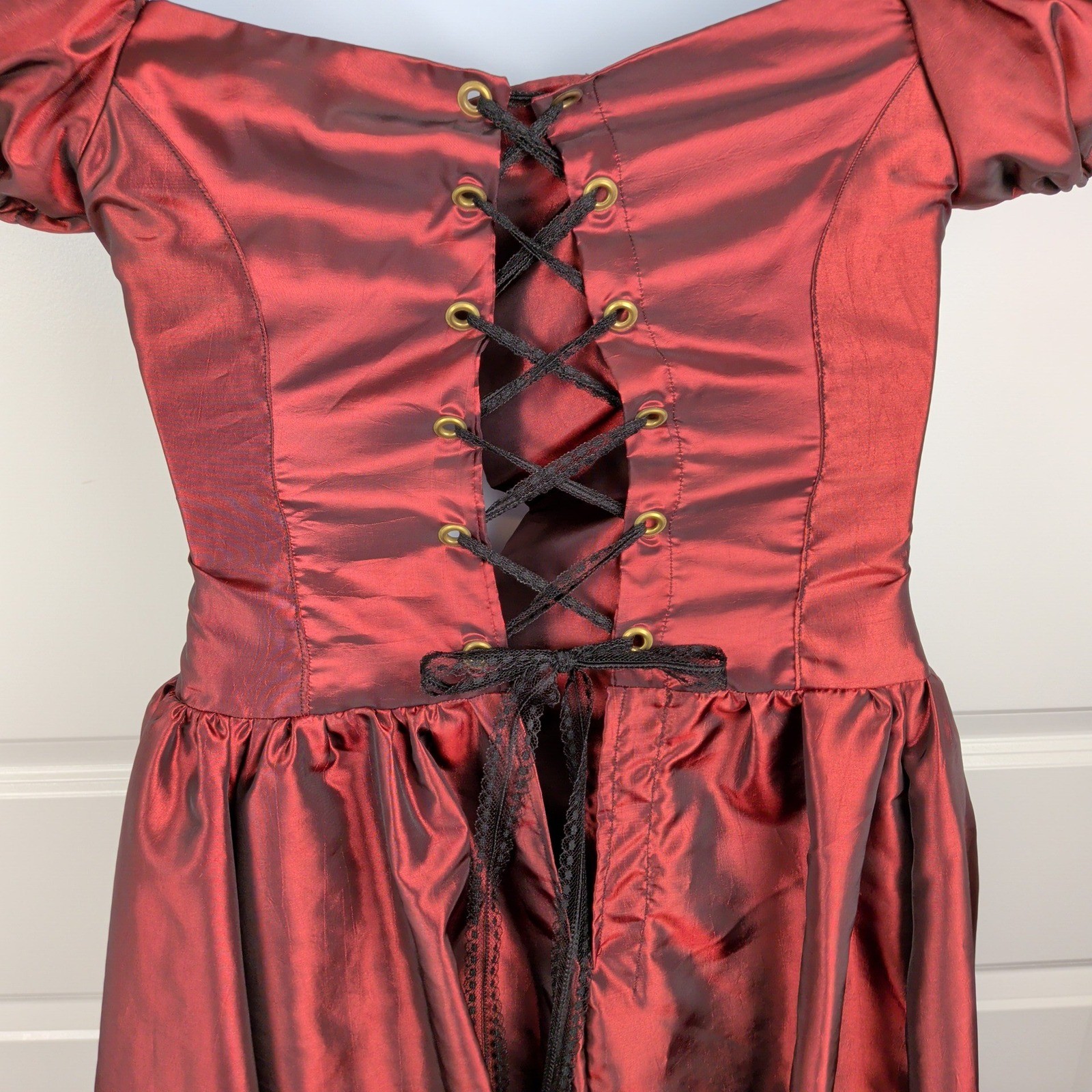 Red Victorian Goth Renaissance Lace Up Corset Dress Puff Sleeve Black Lace Trim