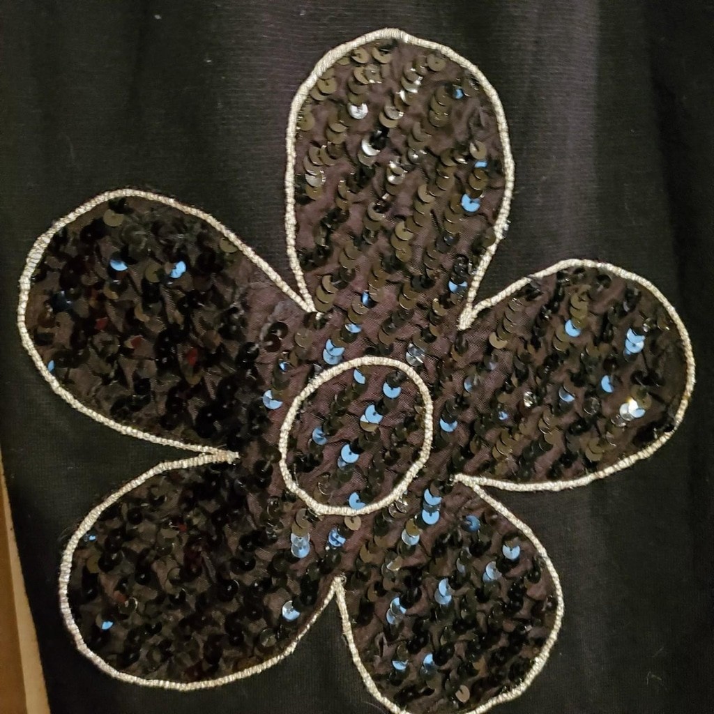 Vintage 80s Black Long Sleeve Dress with Big Silver Retro Sequin flowers