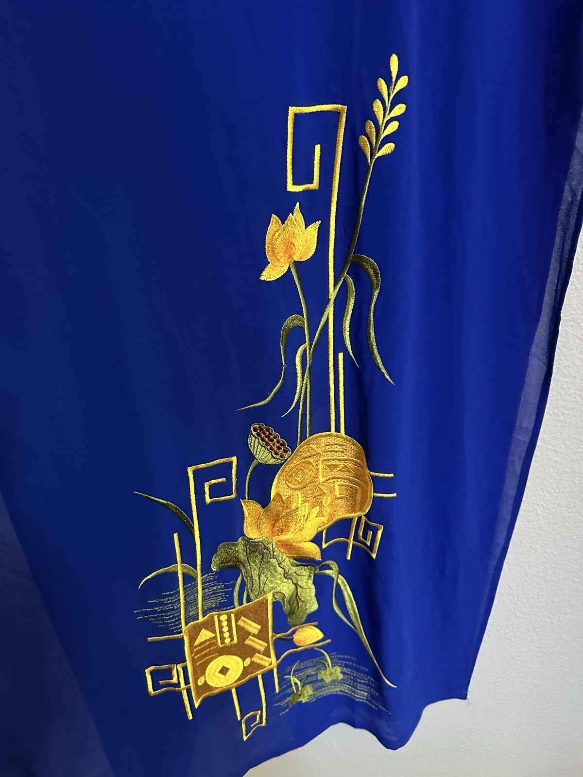 Vintage Inspired Sheer Blue Asian Dress Size 52 – Embroidered Gold Floral Design