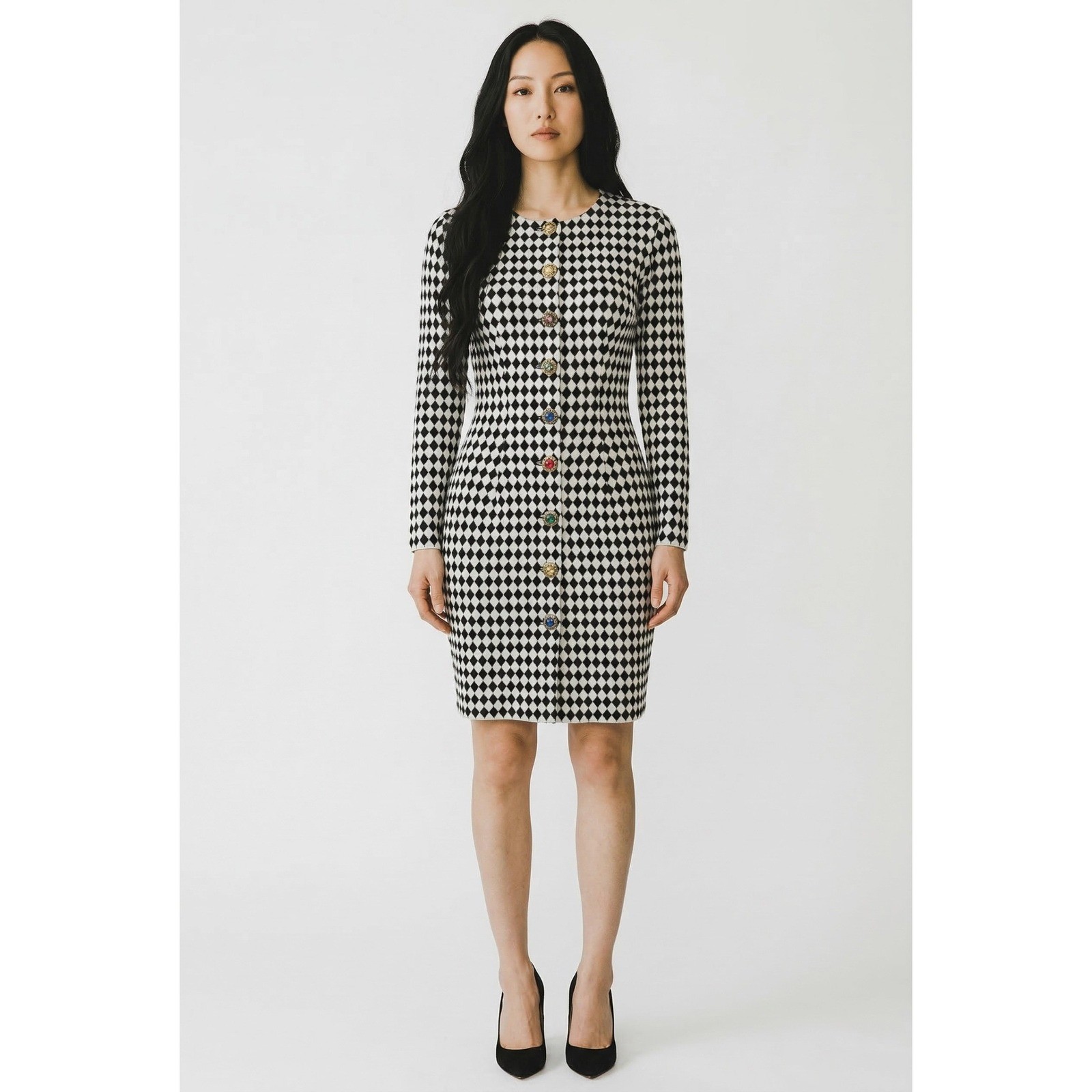 PJ Klein Vintage Harlequin Diamond Knit Dress Jewel Button Front Black White 5/6