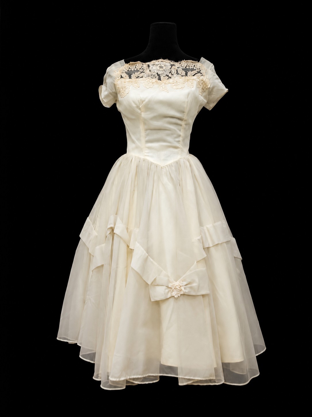 Vtg 50s Wedding Dress Ivory Organza Full Skirt Cocktail Scarf pinup Bridal/As Is