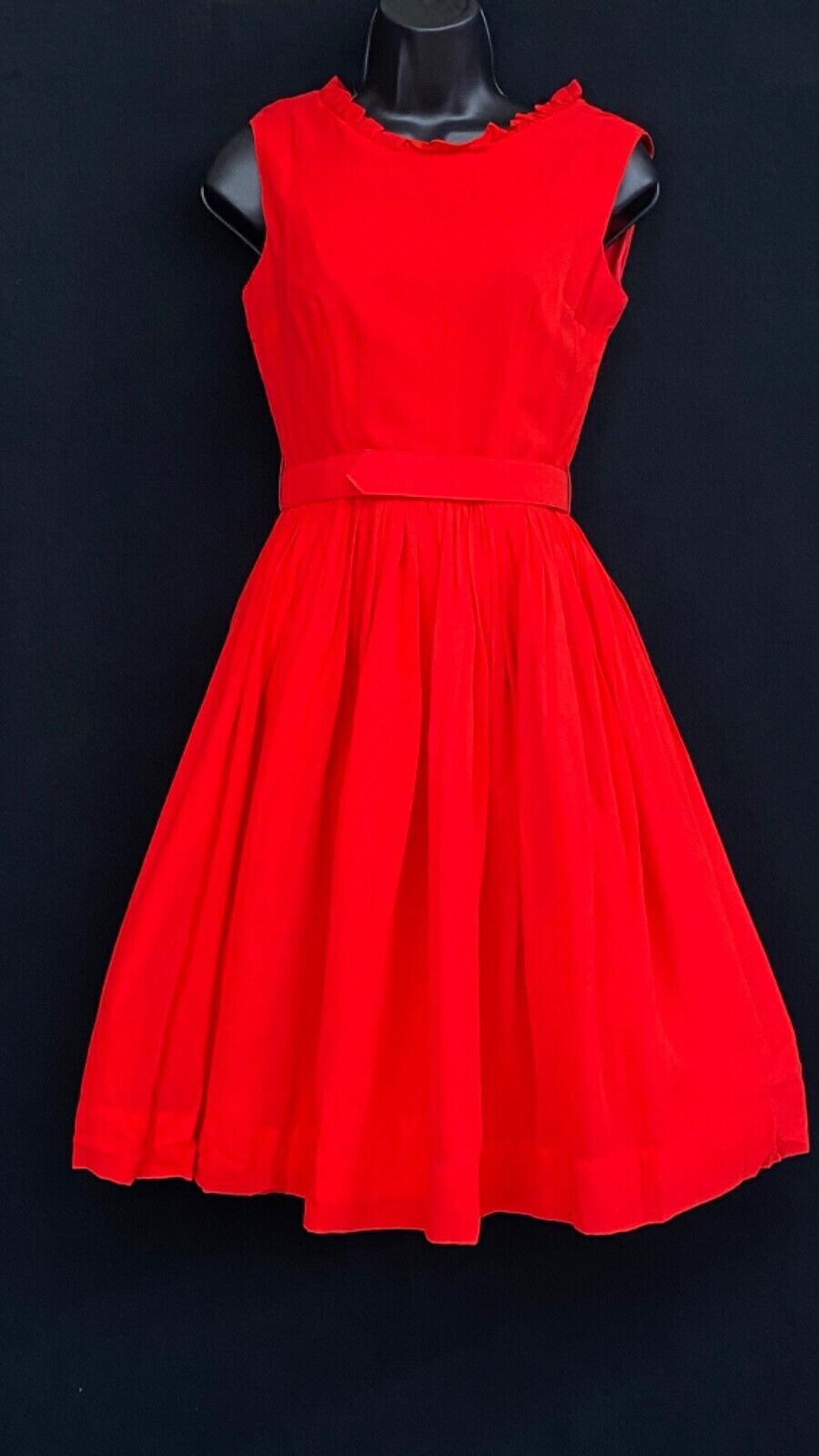 Vintage 1960s red formal party dress, sleeveless ruffle rayon, 1950s pin up XS S