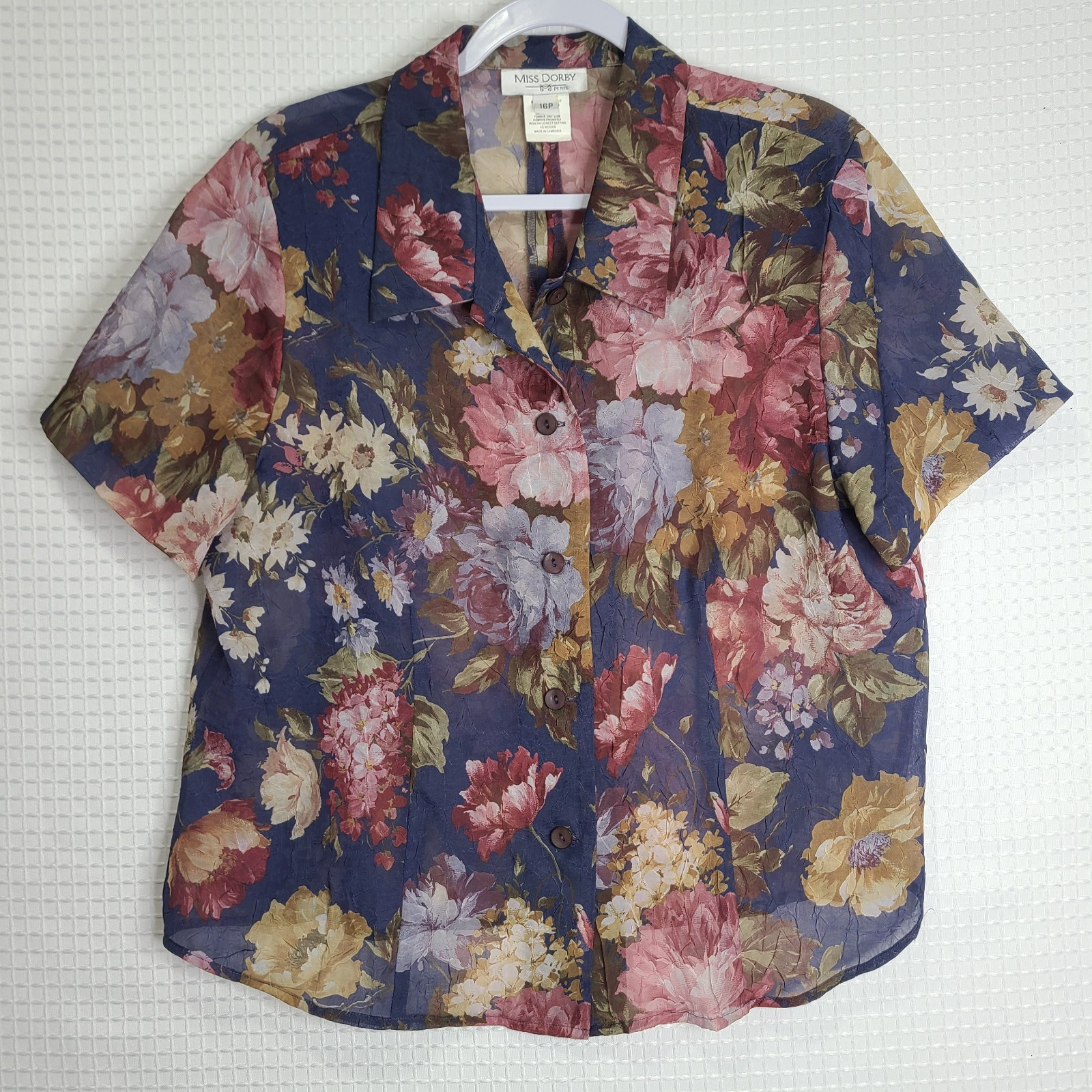 Vtg Miss Dorby Sheer Floral Crinkled Short Sleeve Button Up Shirt Open Back 16P