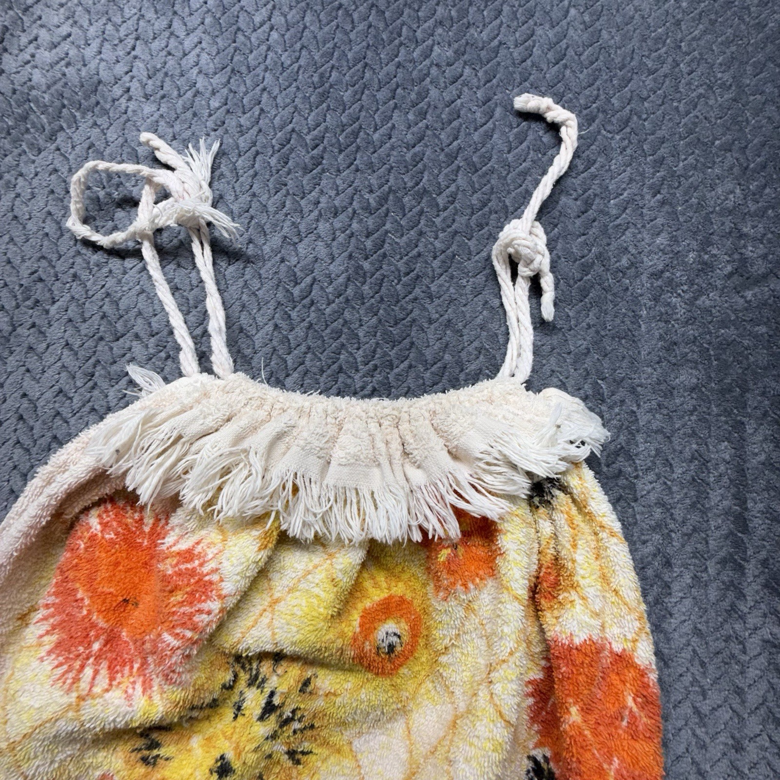 Vtg Terry Cloth Towel Dress Cotton Swim Beach Cover Up Flowers Fringe S/M Cannon
