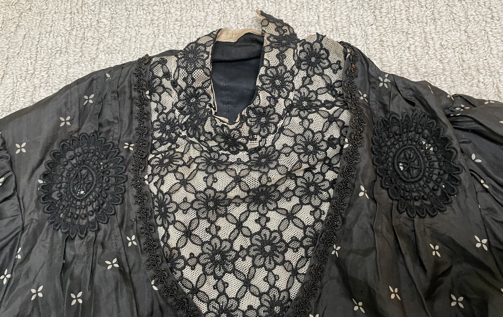Antique Victorian Black Silk Top Blouse S Bodice Bishop Sleeves Lace Trim Peplum