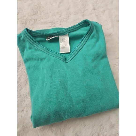 Basic Editions Vintage Teal Green V-Neck T-Shirt Large 100% Cotton Boxy Y2K