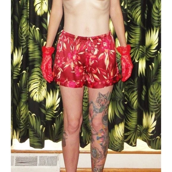 Vintage Red & Pink Floral Pajama Shorts L pinup retro sleepwear bottoms
