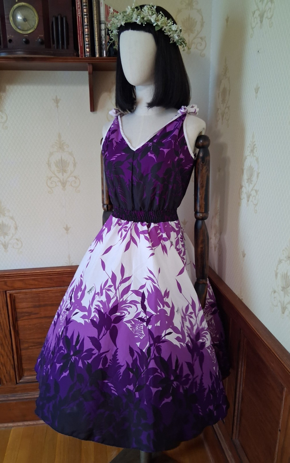 Vintage 1980s Creations Purple Floral Hawaiian Print Bow Strap Aloha Sundress