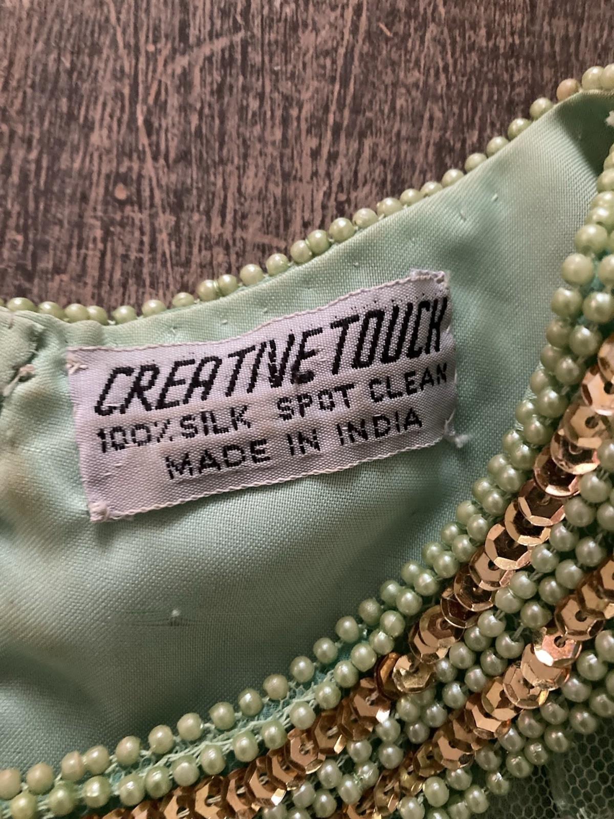 Vintage Silk Beaded Top Large Creative Touch Made In India Green And Copper