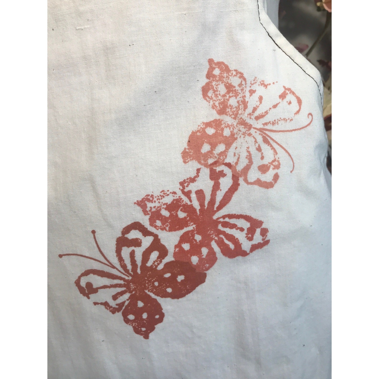 1970s Rachelle Lee Stevens Sundress Beige Butterfly Print Pocket Square Neck