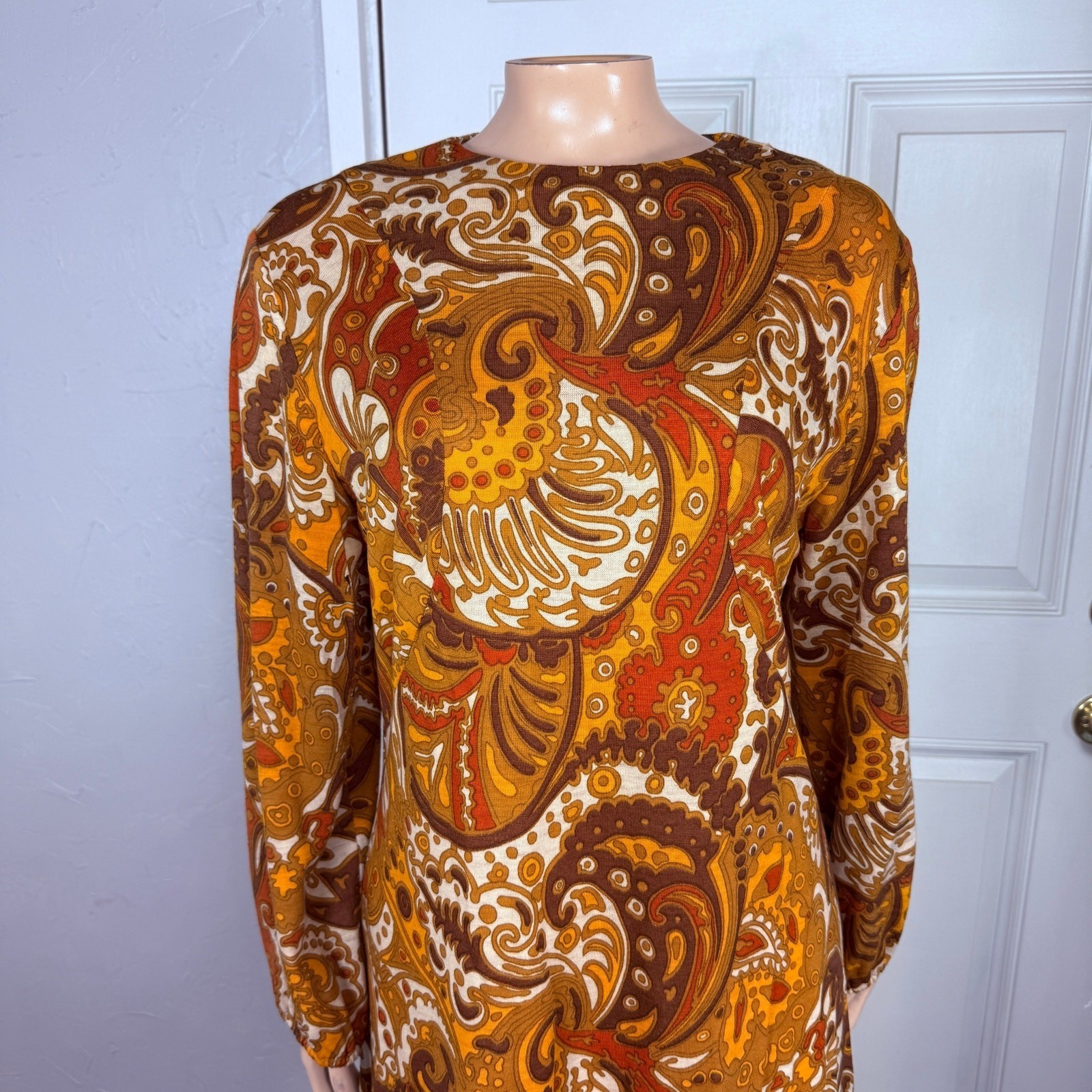 Vintage 70s Unbranded Women’s Dress Wool Paisley Mod Retro Long sleeve L3-20