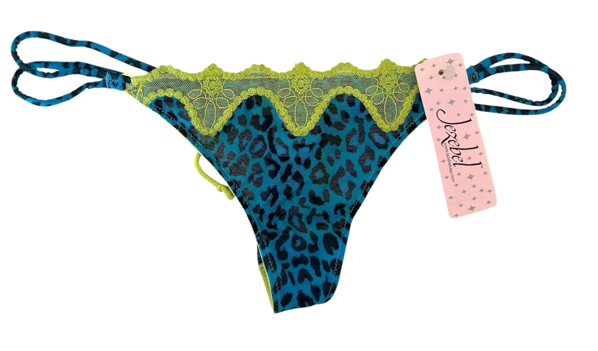 Y2K Deadstock Thong Panties Leopard Print Mesh Panty McBling Lace Bow Turq M