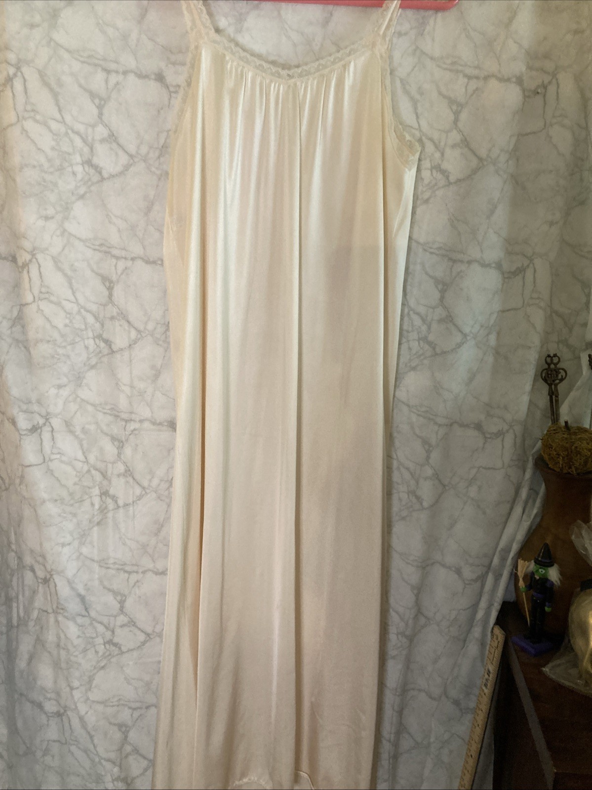 VNTG Vanityfair Silky Long Nightgown Set Pink Satin With Lace Sz S/M