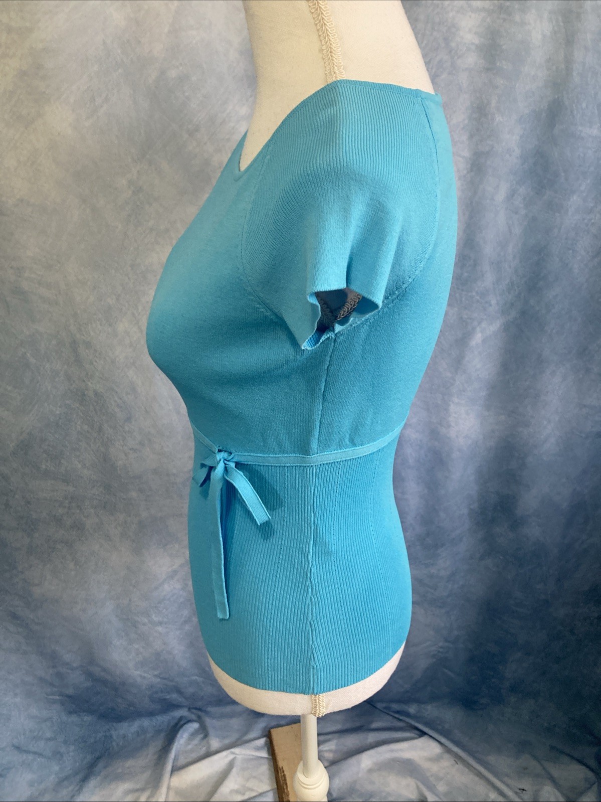 Vintage Casual Corner Turquoise Ribbed Knit Top Size Small Tie Waist Y2K EUC