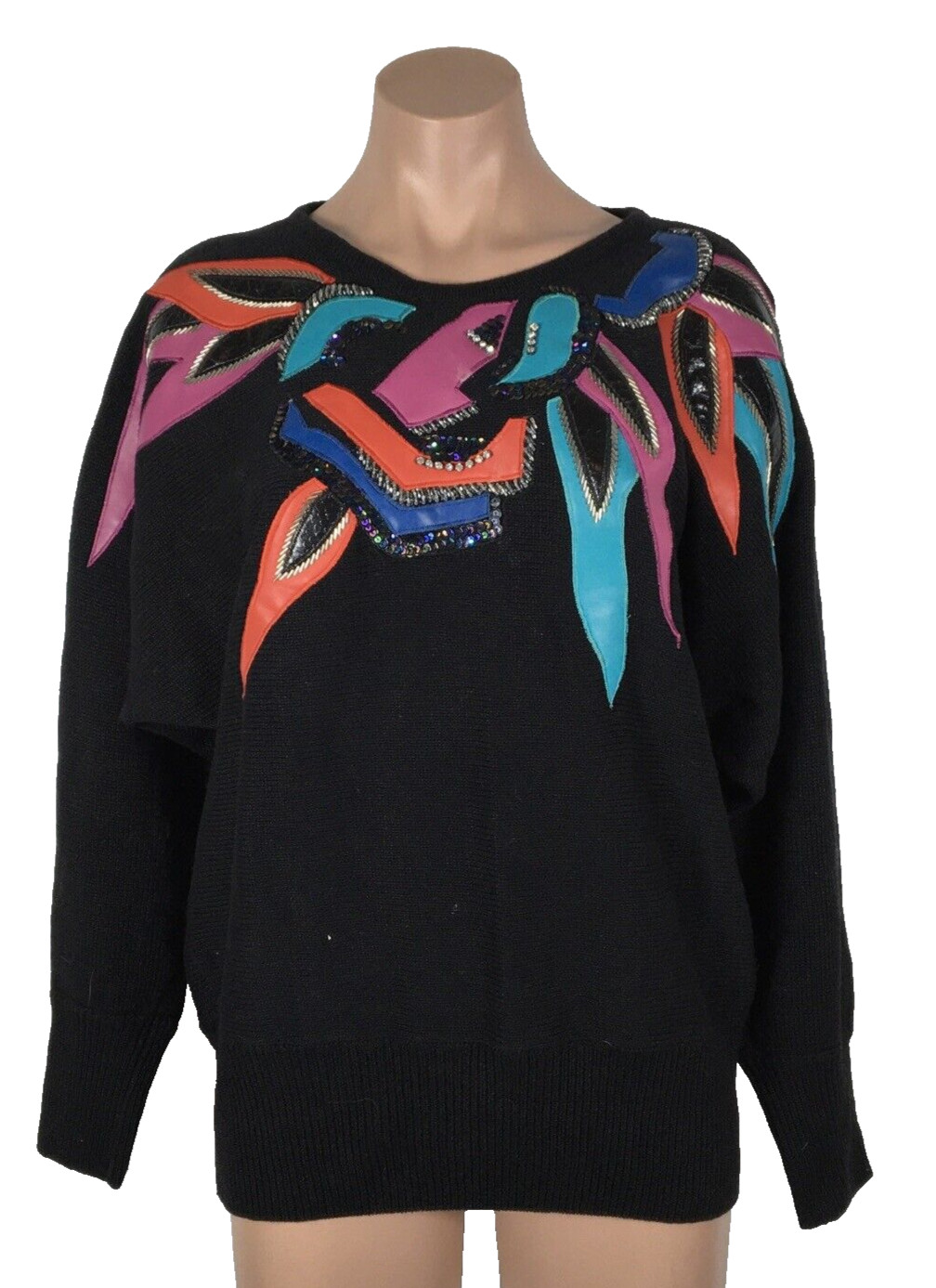 Vintage Victoria Harbour Large Sweater Faux Leather Sequined Collar Detail 80s