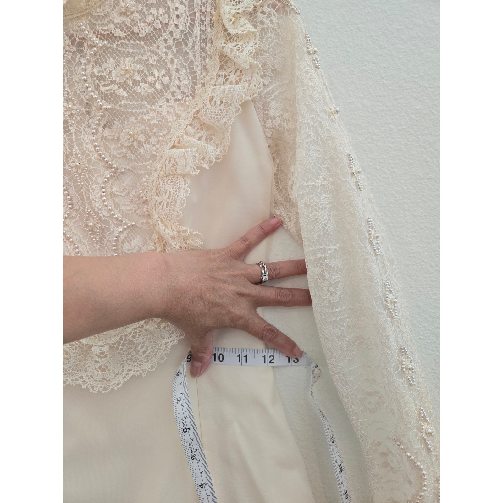 Vintage Victorian Lace Wedding Dress Pearl Beaded High Neck Long Sleeve Gown 6